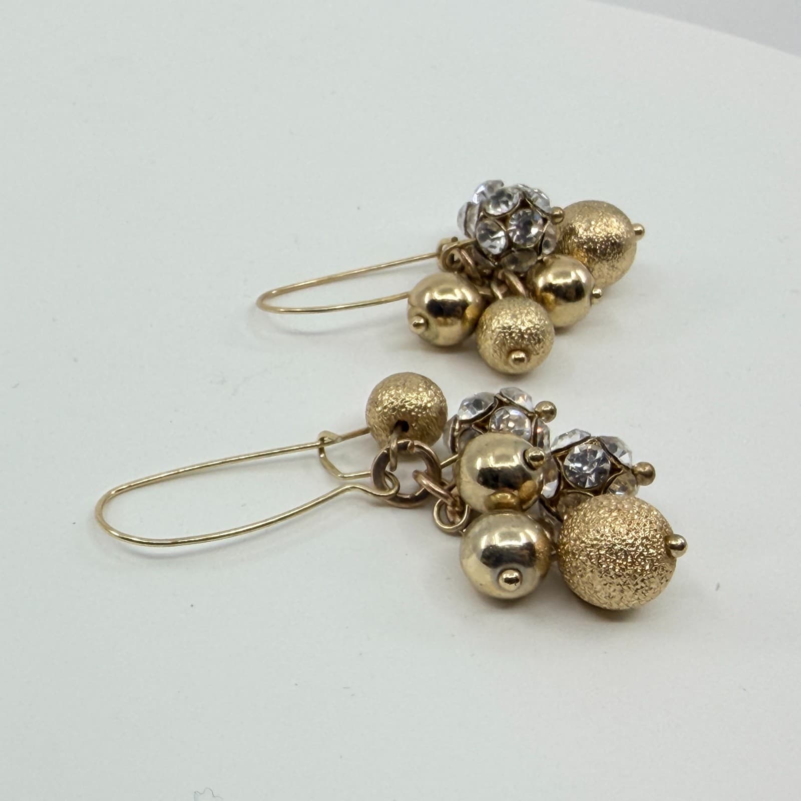 VTG Gold Tone Cluster Dangle Earrings Textured Bead Rhinestone Shimmer Statement - Thumbnail 5