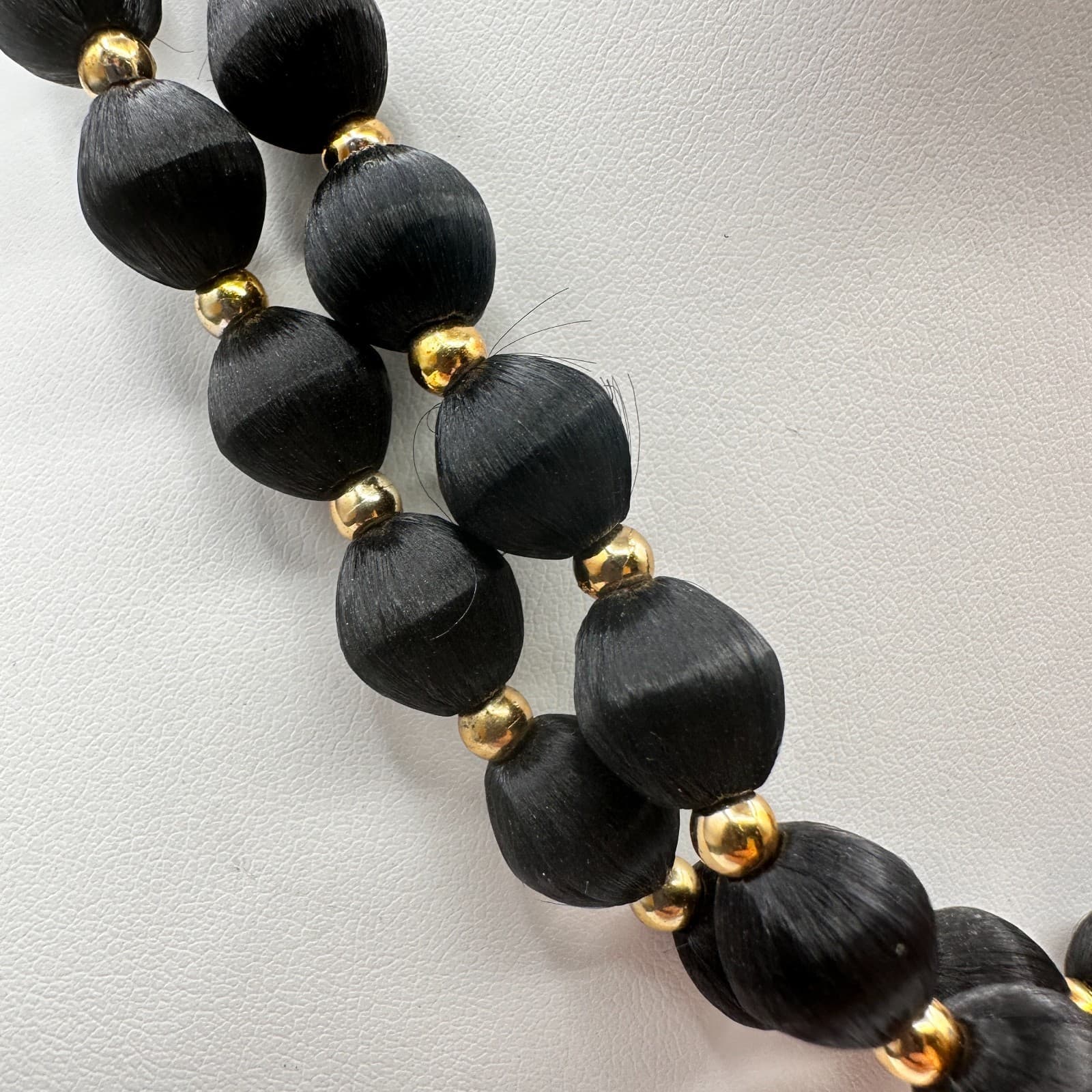 Vintage 80s Double Strand Black Silk Thread Wrapped Bead Jewelry Gold Tone Boho - Thumbnail 3