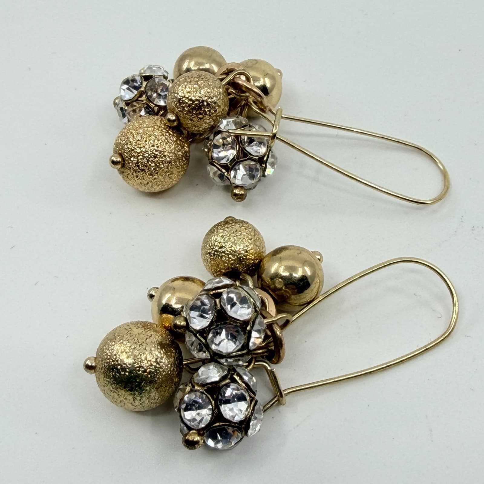 VTG Gold Tone Cluster Dangle Earrings Textured Bead Rhinestone Shimmer Statement - Thumbnail 7