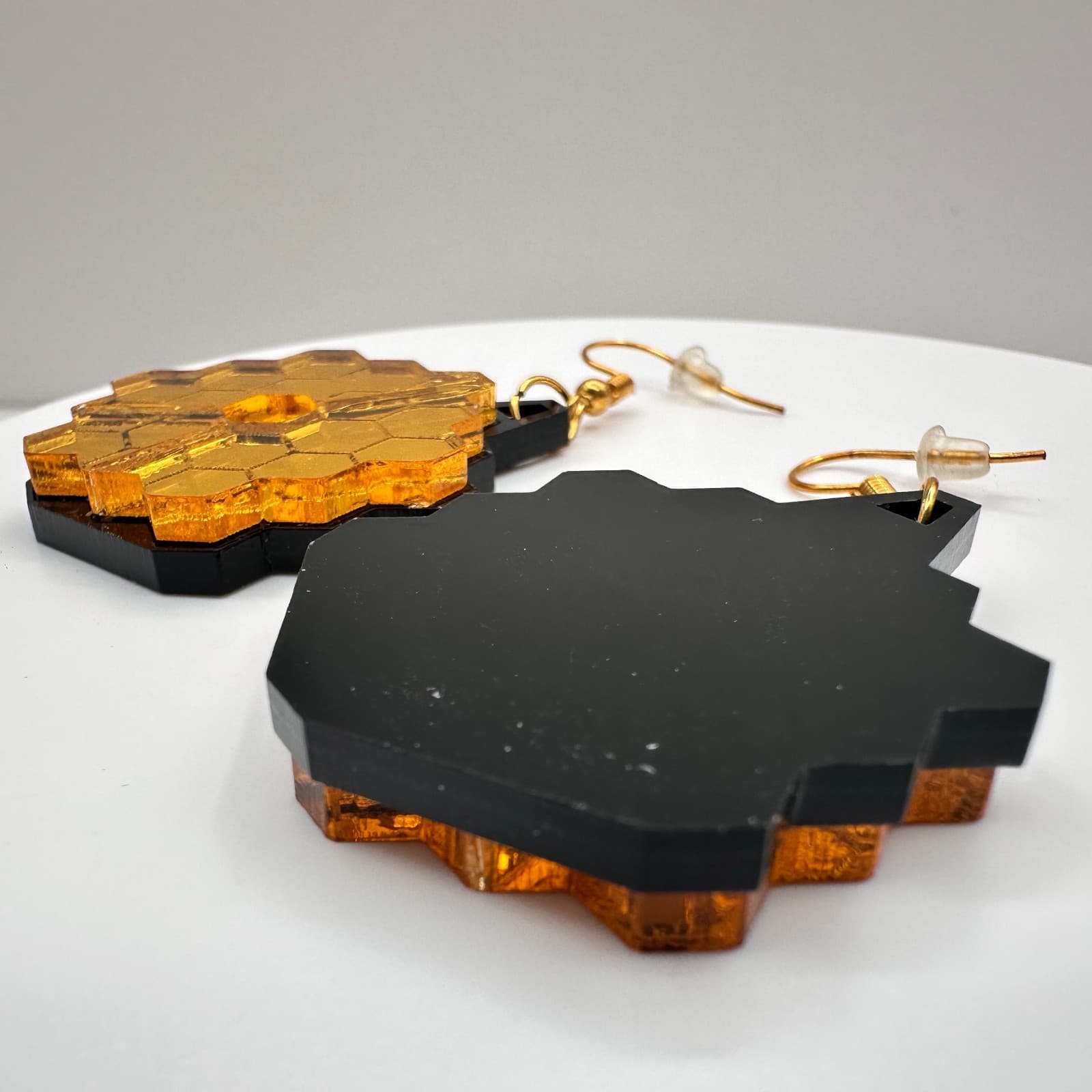 Vintage 90s Space Telescope Jewelry Gold Tone Mirror Hexagon Drop Earrings Boho - Thumbnail 5