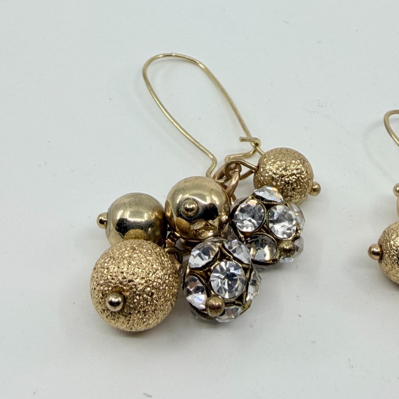 VTG Gold Tone Cluster Dangle Earrings Textured Bead Rhinestone Shimmer Statement - Thumbnail 4