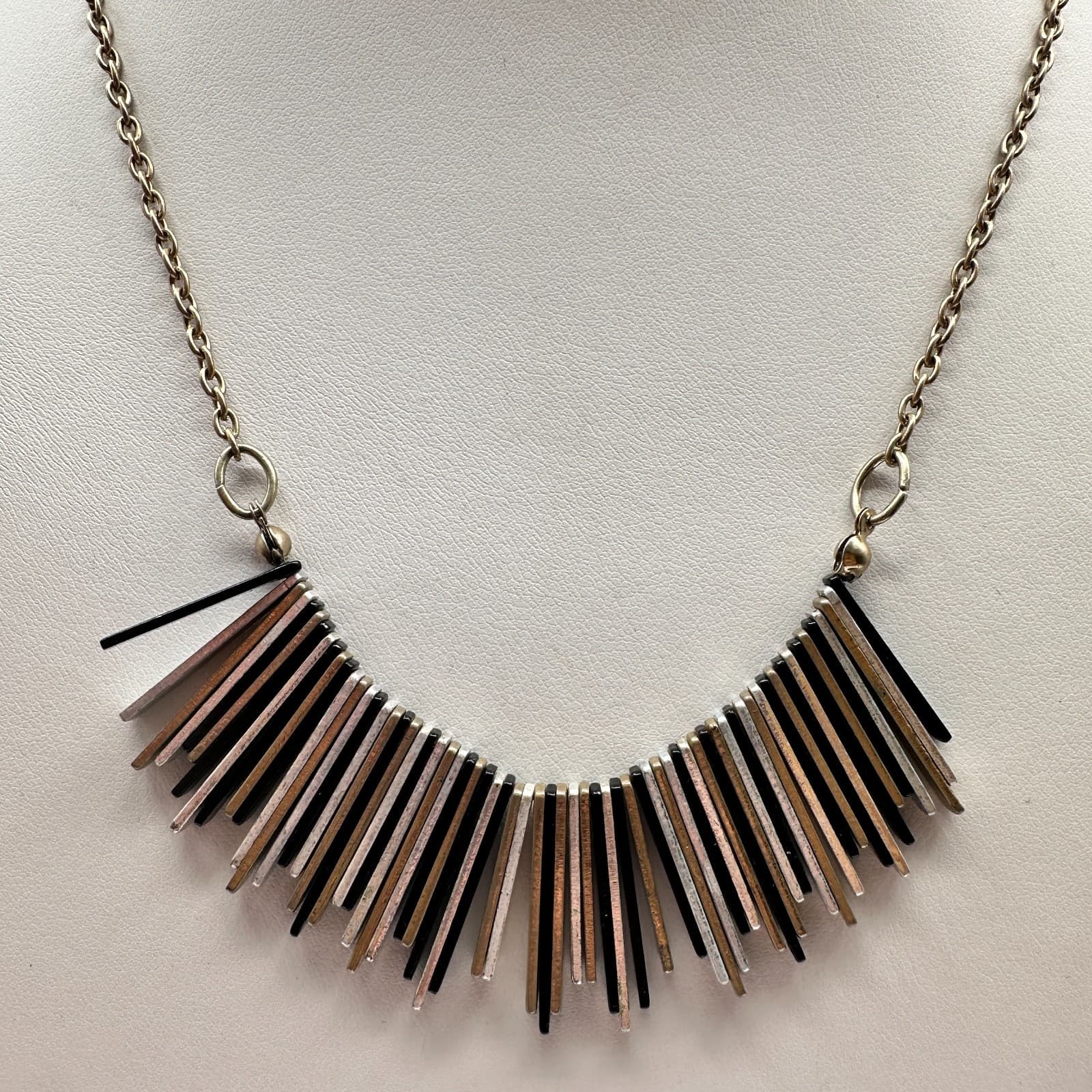Vintage Y2K Denmark Fringe Bib Necklace Silver Tone Metal Bar Sticks Statement - Thumbnail 5