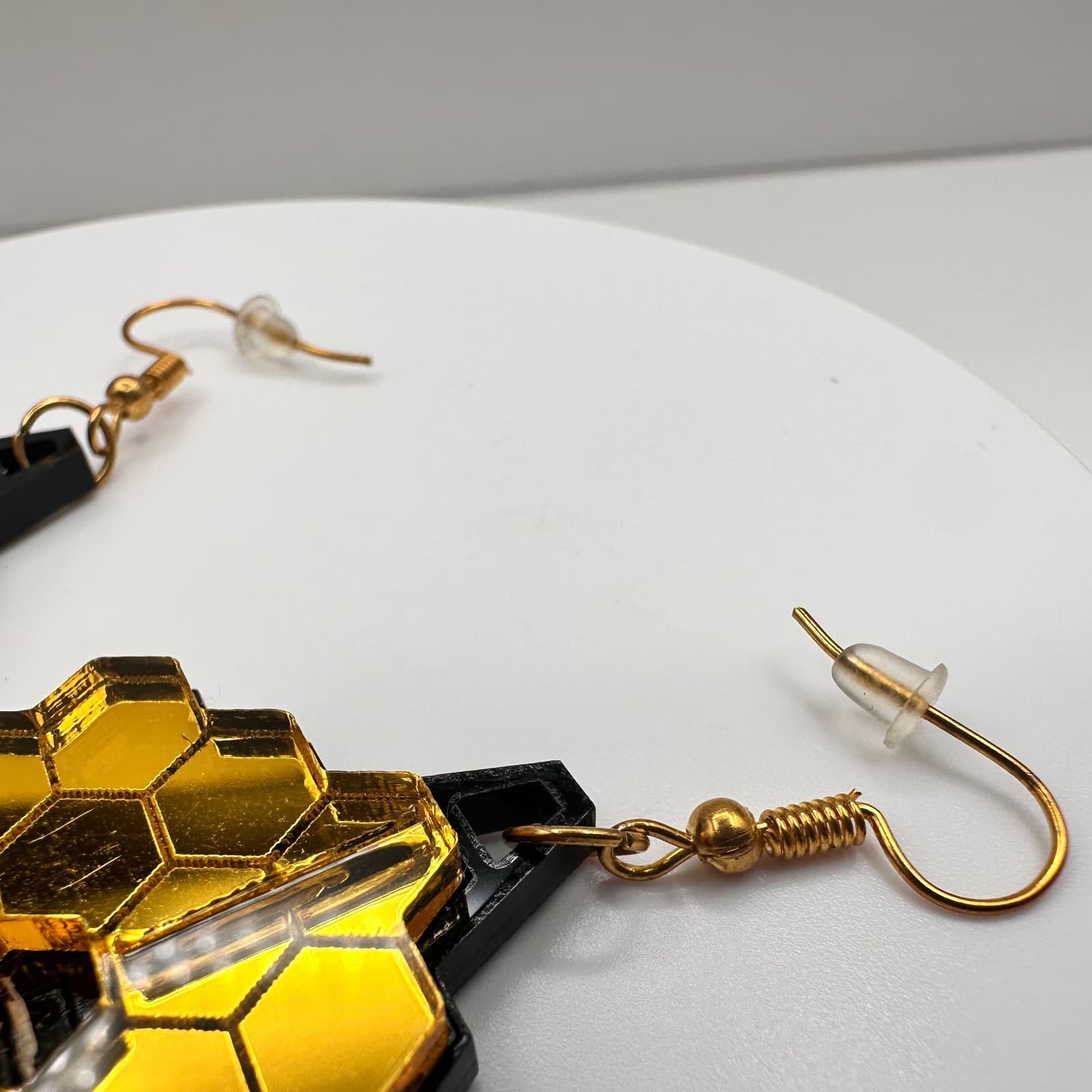 Vintage 90s Space Telescope Jewelry Gold Tone Mirror Hexagon Drop Earrings Boho - Thumbnail 4