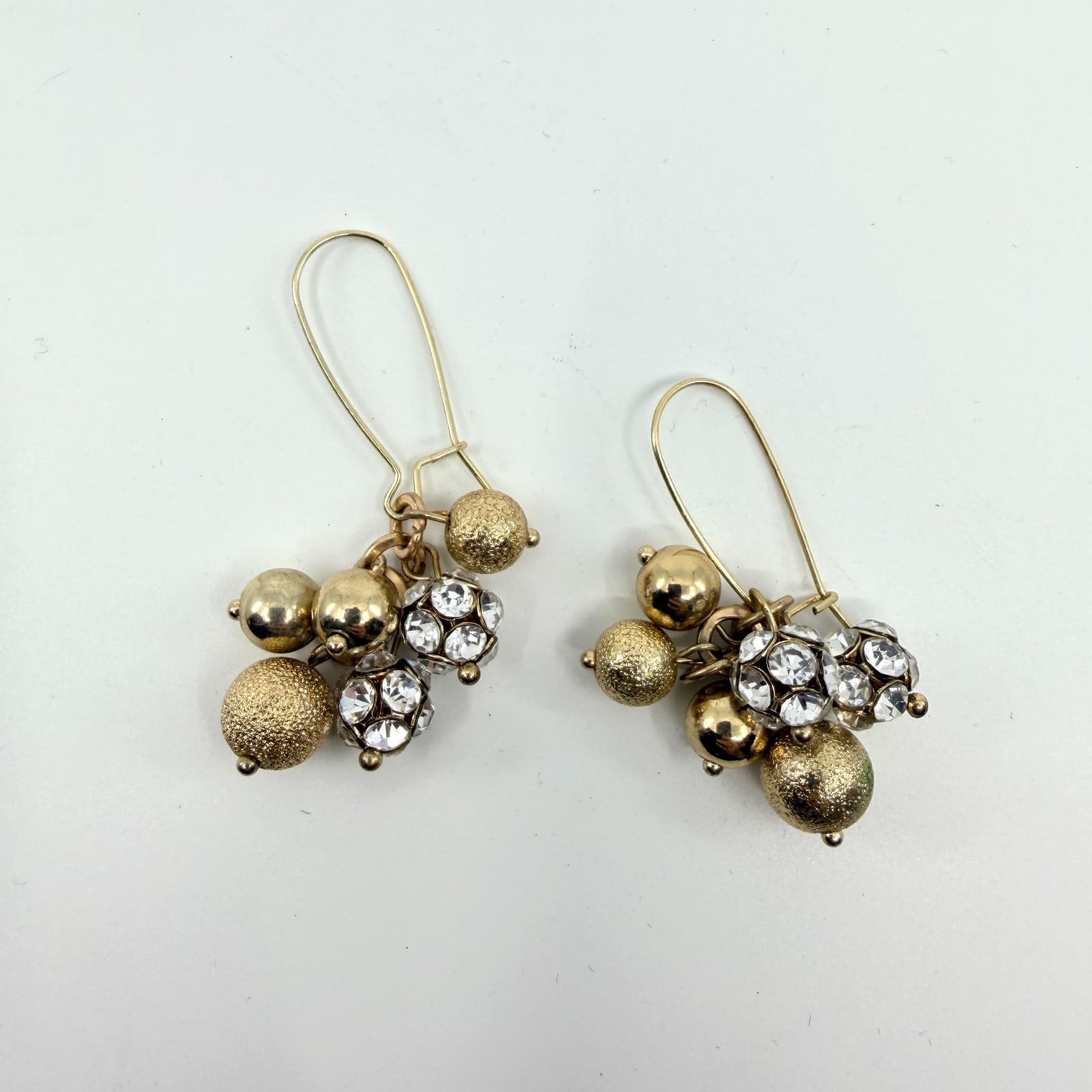 VTG Gold Tone Cluster Dangle Earrings Textured Bead Rhinestone Shimmer Statement - Thumbnail 2
