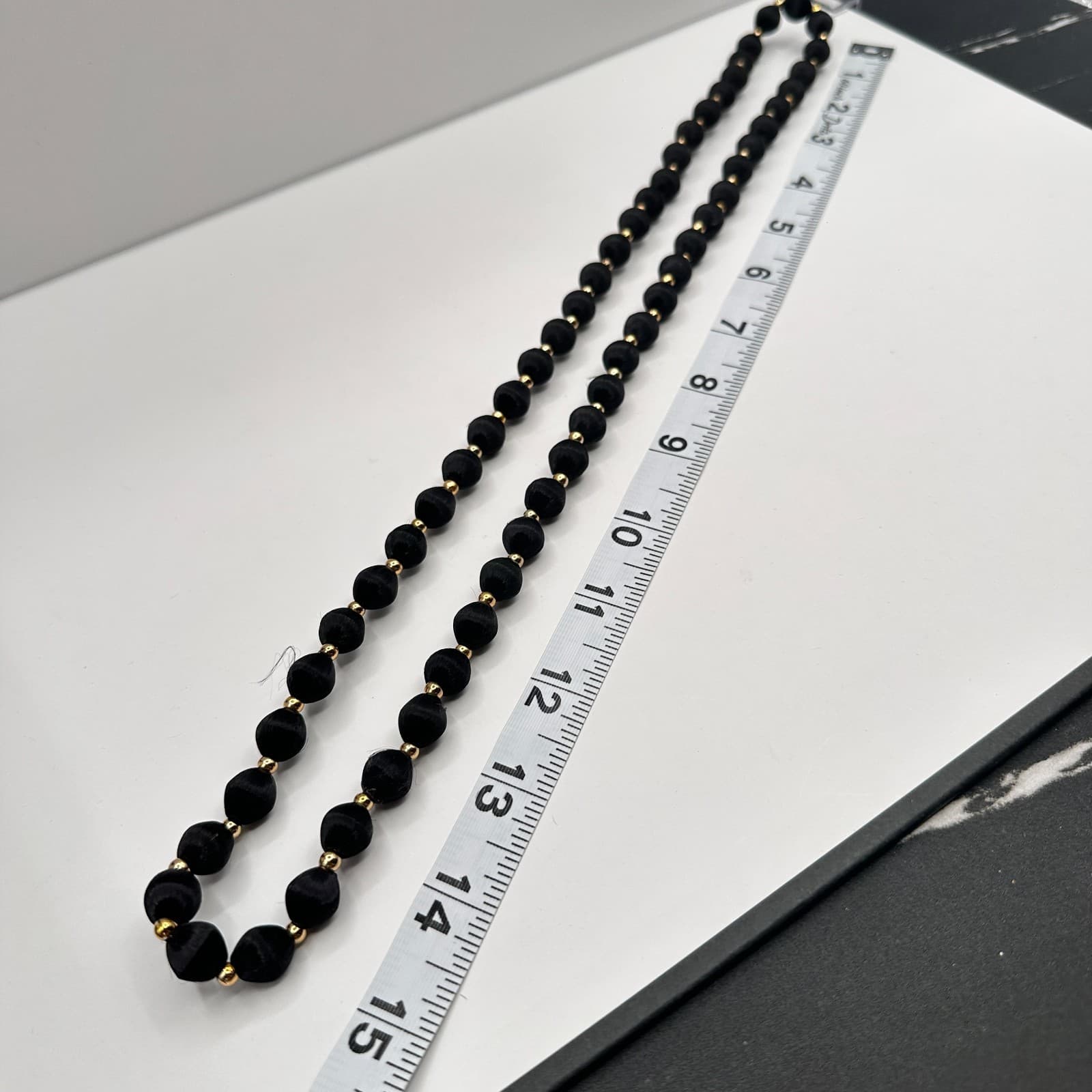 Vintage 80s Double Strand Black Silk Thread Wrapped Bead Jewelry Gold Tone Boho - Thumbnail 7