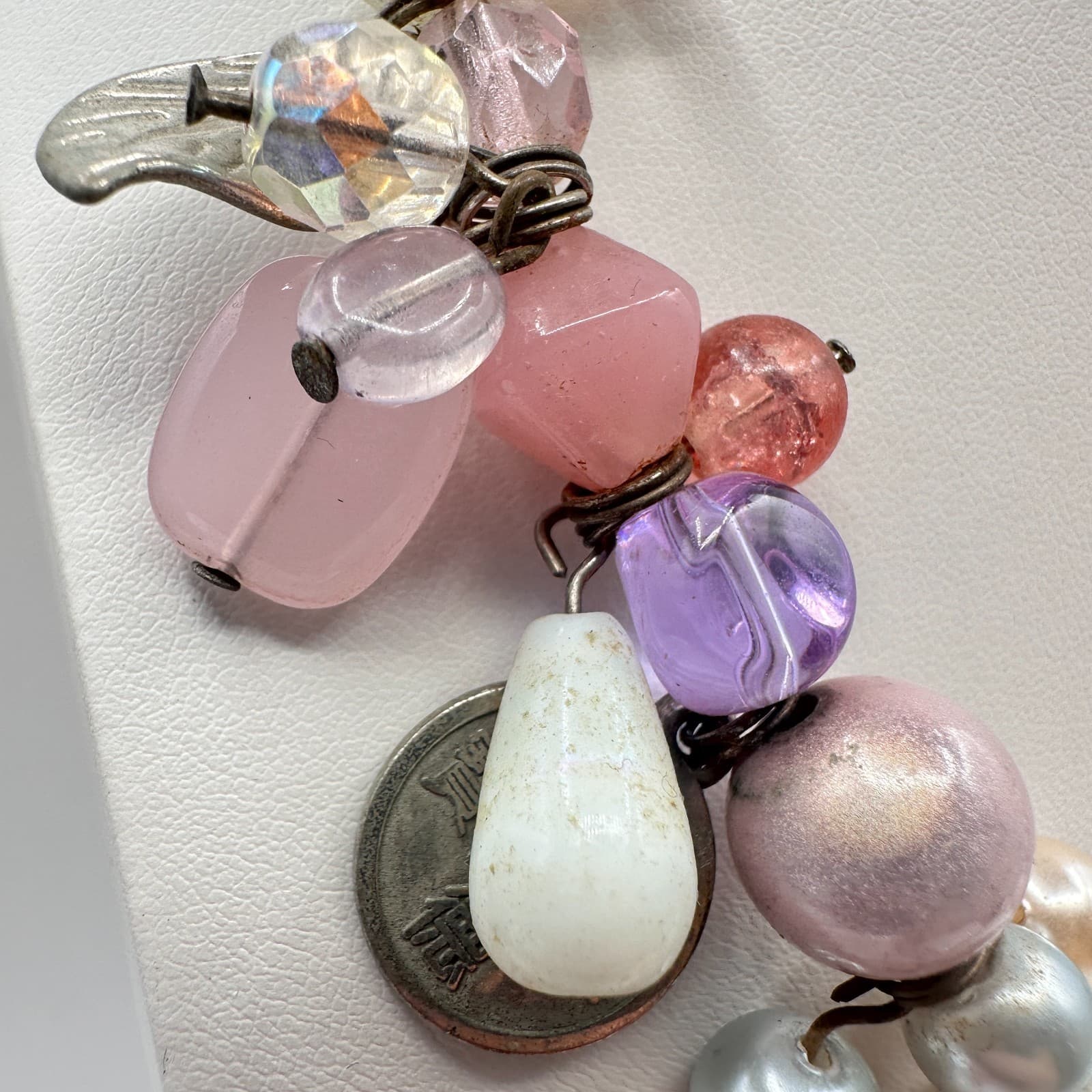 Vintage 90s Pink White Beaded Charm Necklace Drama Masks Starfish Silver Tone - Thumbnail 5