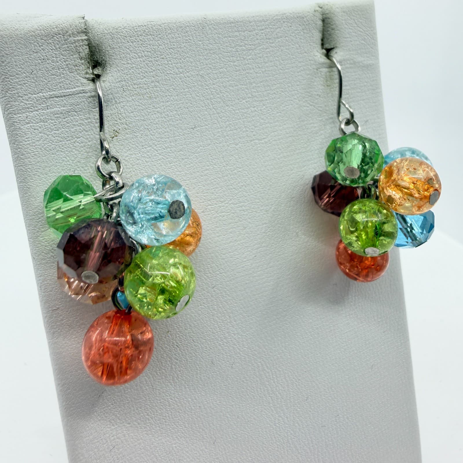 VTG Y2K Multi Color Crystal Crackle Glass Bead Cluster Dangle Earrings Boho Gift - Thumbnail 2