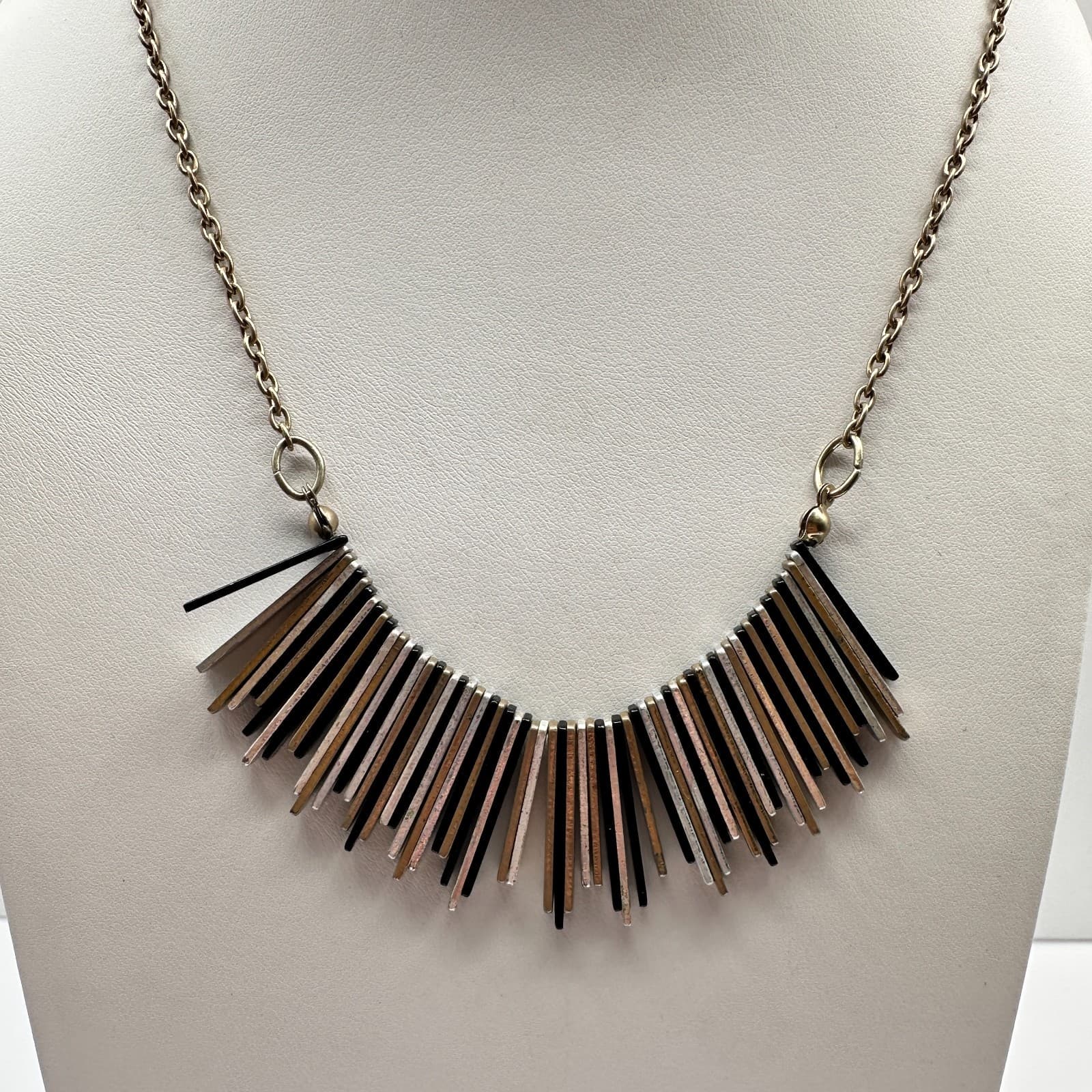 Vintage Y2K Denmark Fringe Bib Necklace Silver Tone Metal Bar Sticks Statement - Thumbnail 2