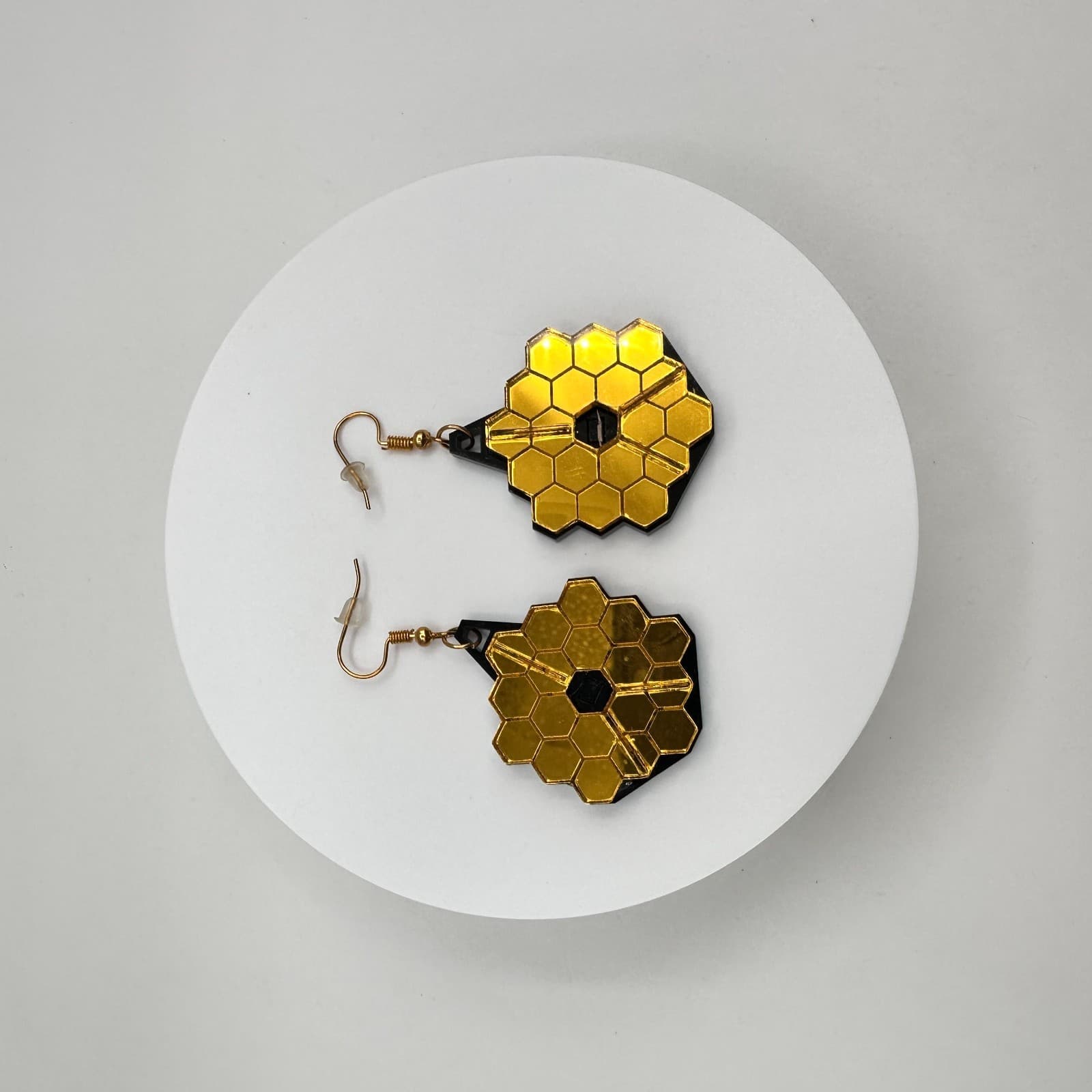 Vintage 90s Space Telescope Jewelry Gold Tone Mirror Hexagon Drop Earrings Boho - Thumbnail 7