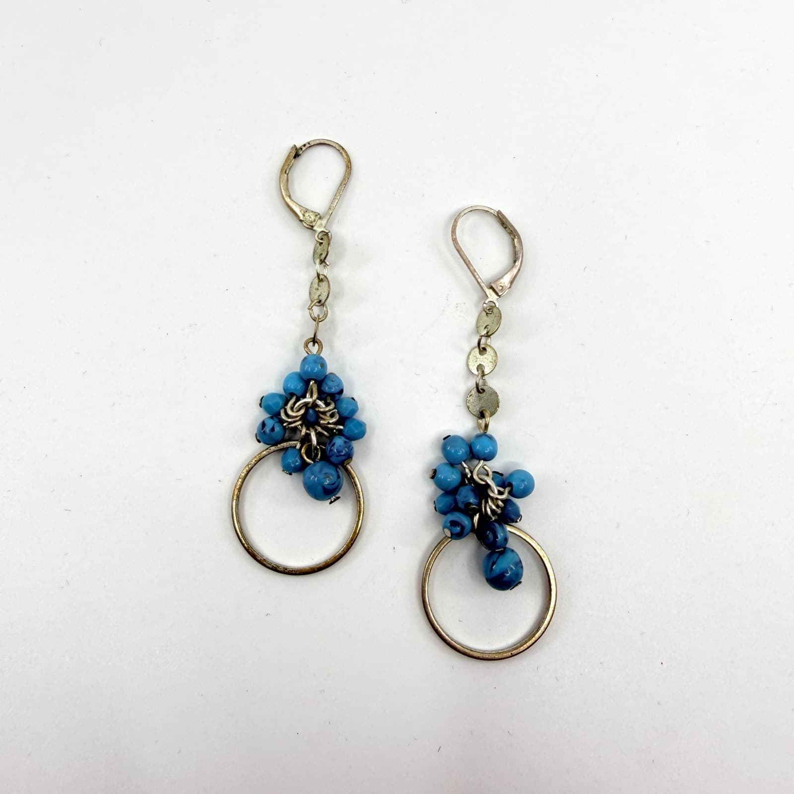 VTG Blue Bead Cluster Dangle Earrings Hoop Accent Leverback Festival Statement - Thumbnail 2