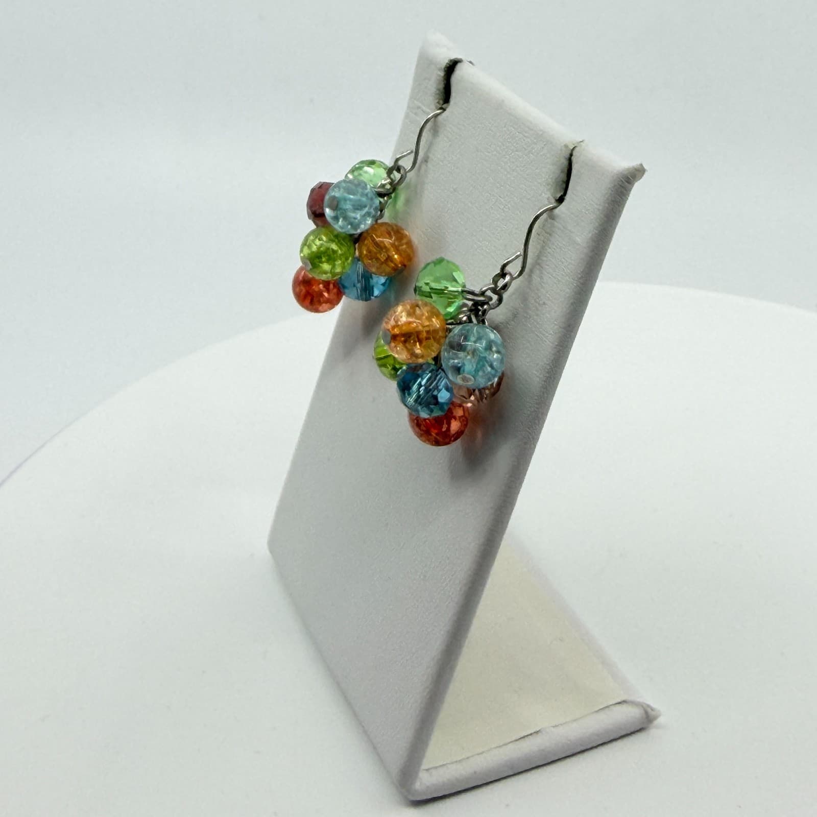 VTG Y2K Multi Color Crystal Crackle Glass Bead Cluster Dangle Earrings Boho Gift - Thumbnail 7