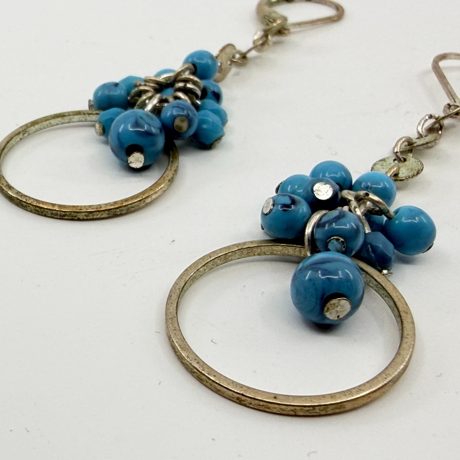 VTG Blue Bead Cluster Dangle Earrings Hoop Accent Leverback Festival Statement - Thumbnail 5
