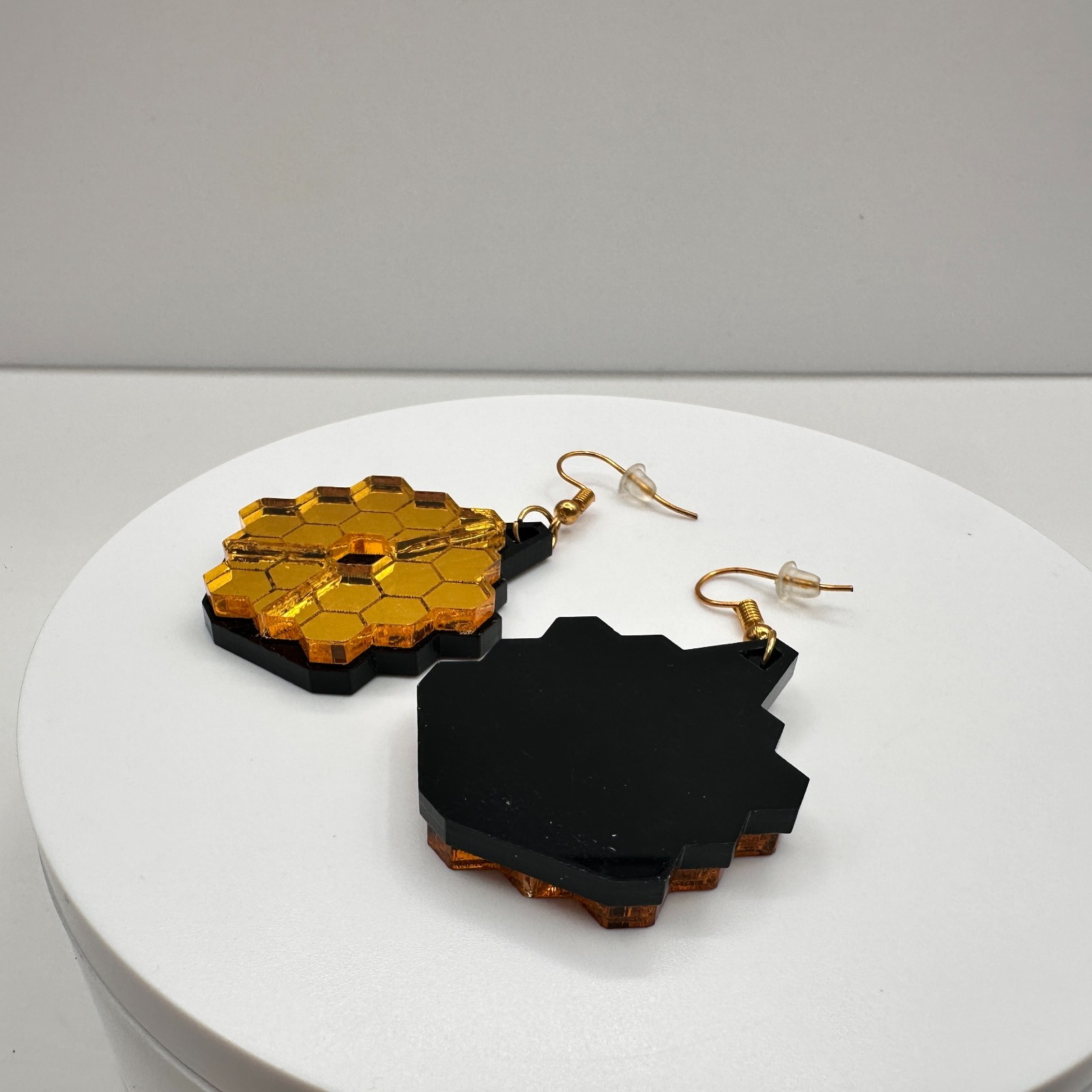 Vintage 90s Space Telescope Jewelry Gold Tone Mirror Hexagon Drop Earrings Boho - Thumbnail 6