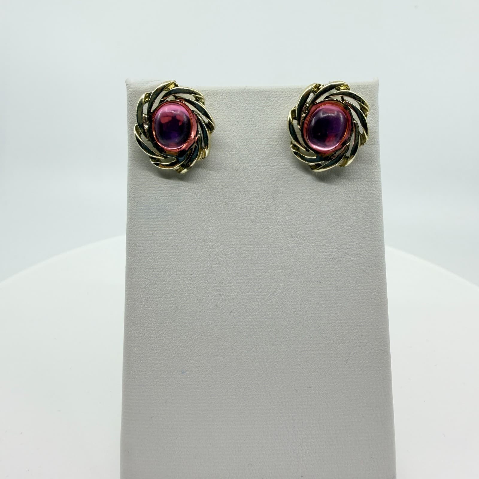 VTG Radiant Pink Cabochon Swirl Stud Earrings Gold Tone Statement Jewelry Gift - Thumbnail 7