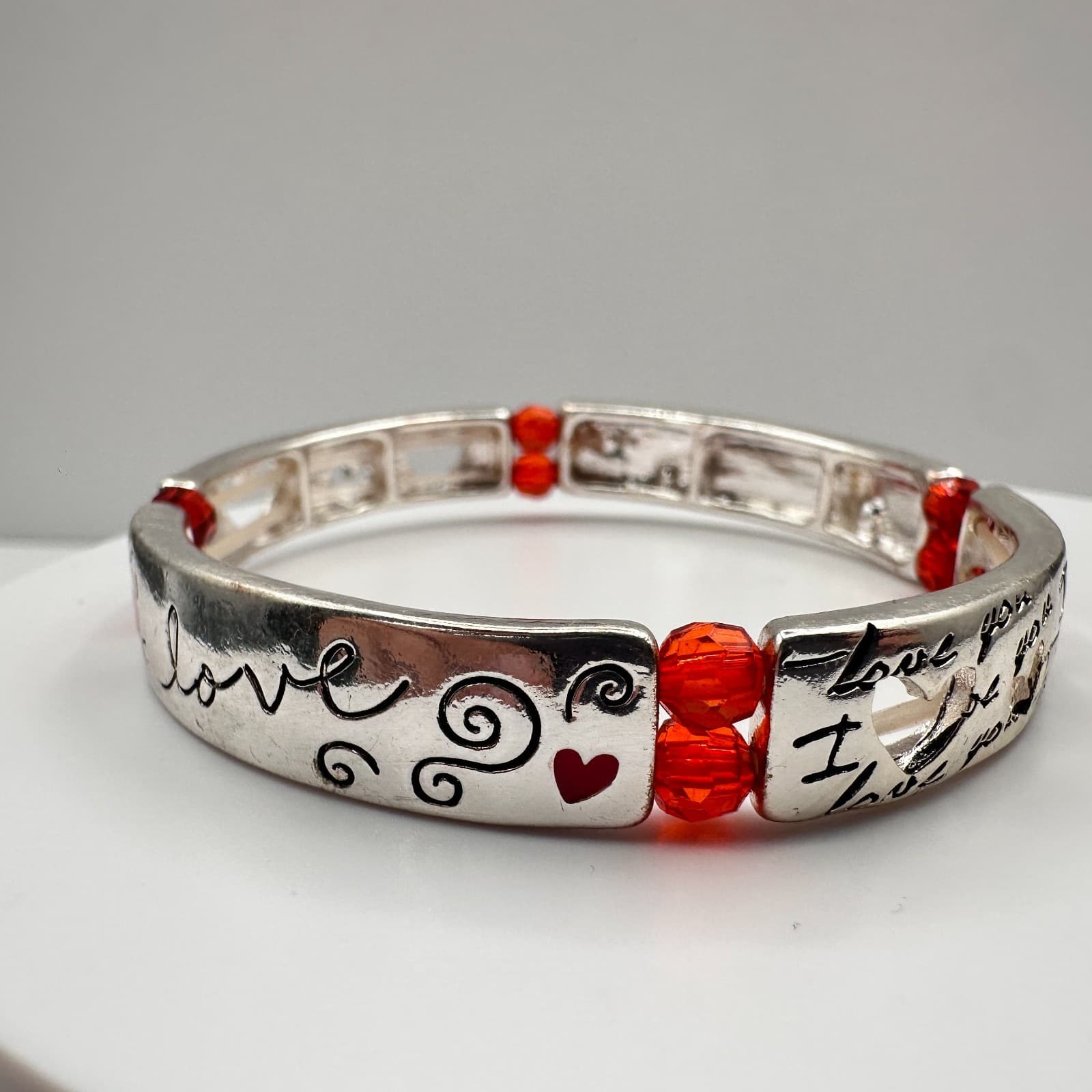 Vintage Y2K Silver Tone Love Heart Stretch Bracelet Red Crystal Beaded Jewelry - Thumbnail 4