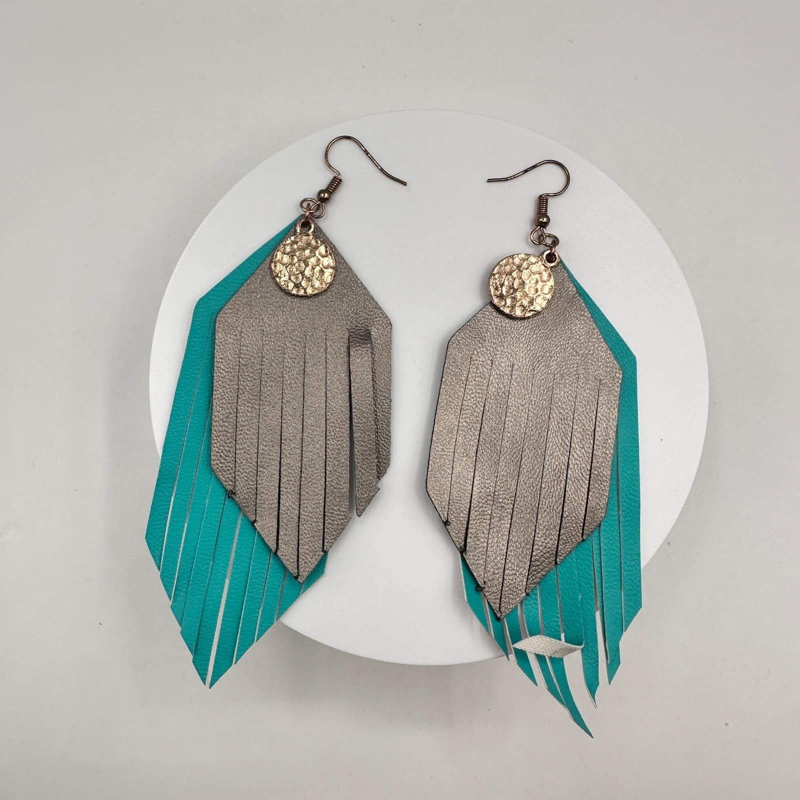 Vintage 90s Faux Leather Fringe Earrings Teal Pewter Gold Tone Hammered Jewelry - Thumbnail 2