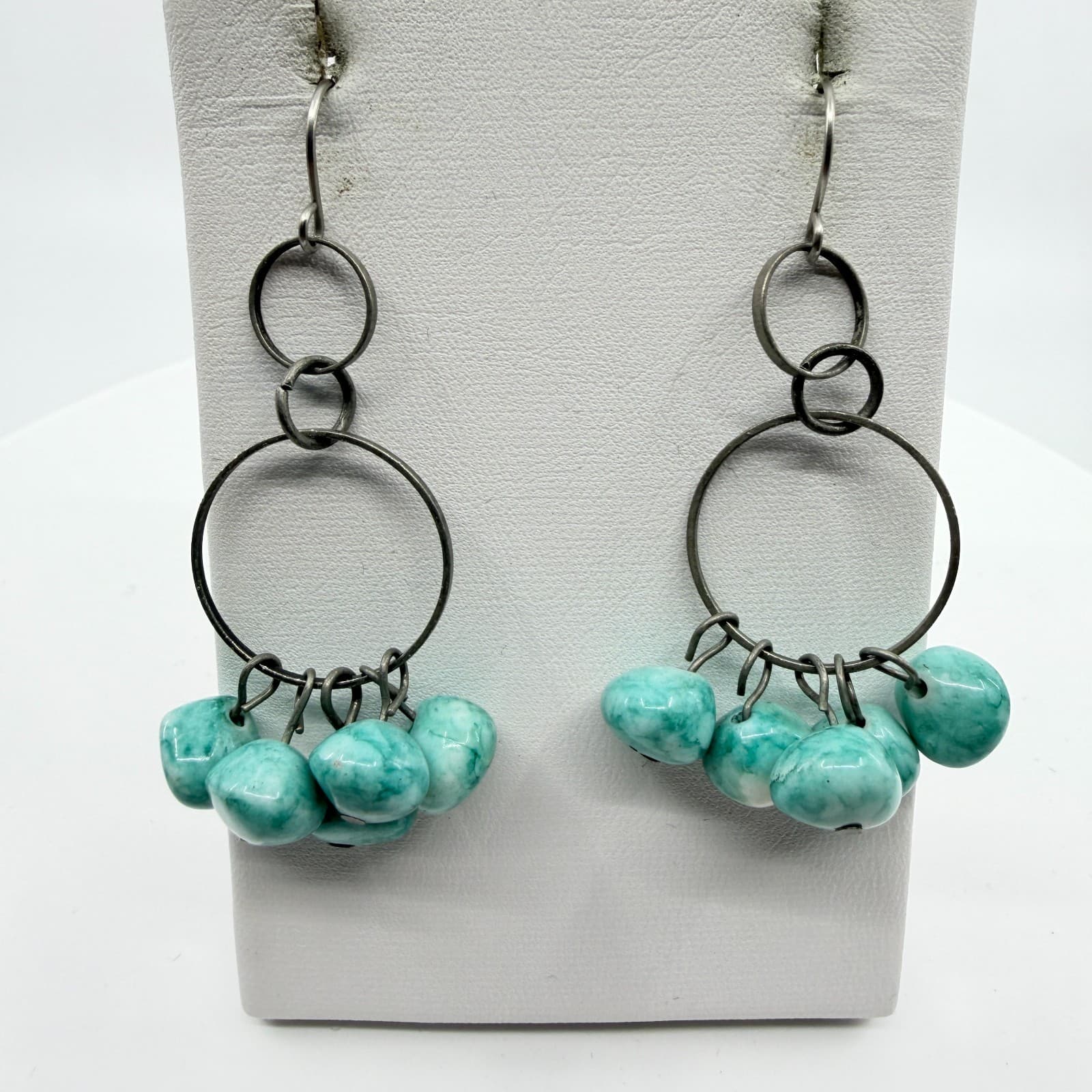 VTG Turquoise Style Beaded Hoop Dangle Earrings Gothic Statement Festival Gift - Thumbnail 2