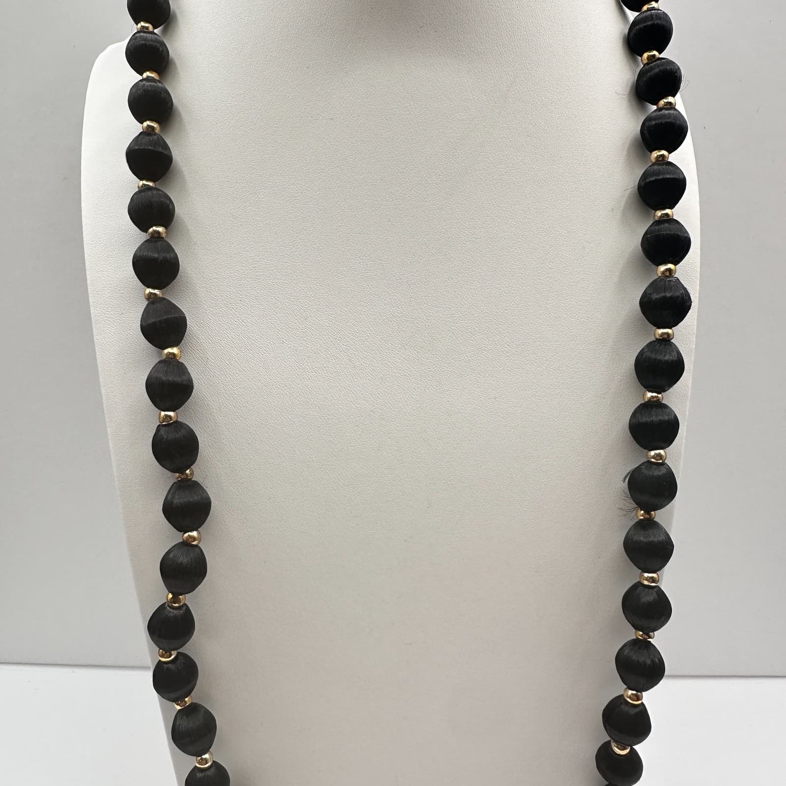 Vintage 80s Double Strand Black Silk Thread Wrapped Bead Jewelry Gold Tone Boho - Thumbnail 2