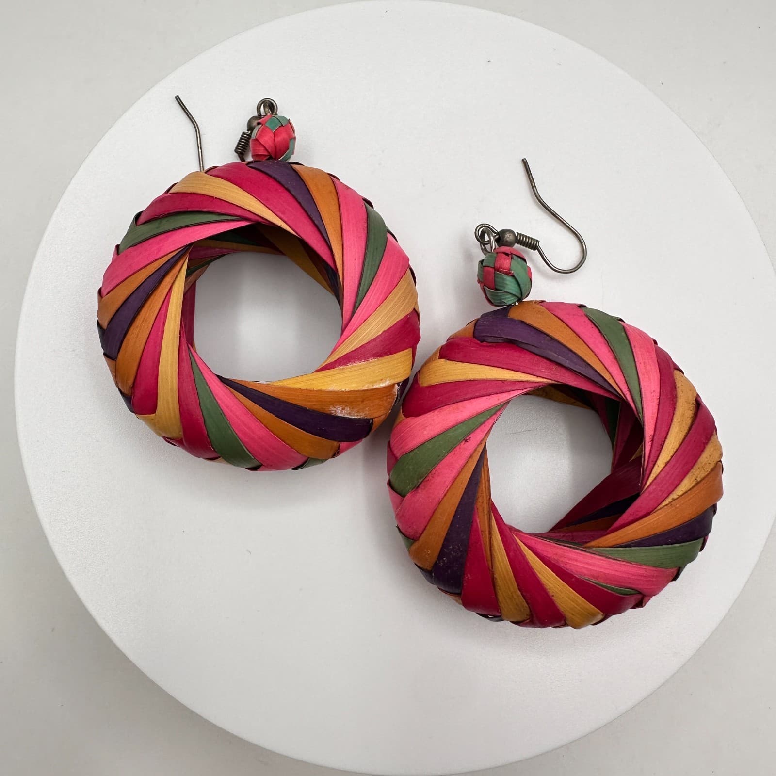 Vintage 90s Woven Straw Hoop Earrings Multi Color Boho Tropical Women's Jewelry - Thumbnail 2