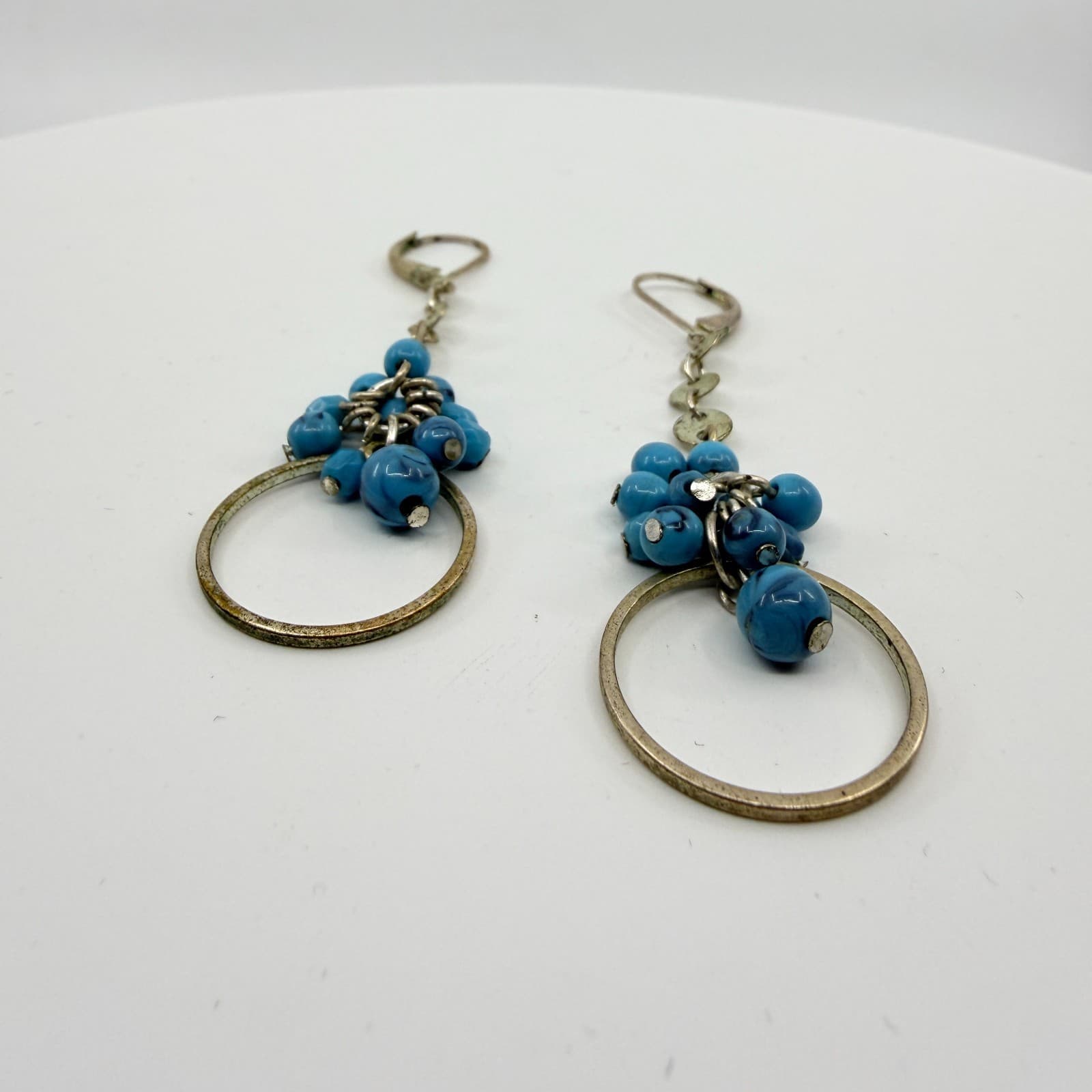 VTG Blue Bead Cluster Dangle Earrings Hoop Accent Leverback Festival Statement - Thumbnail 3