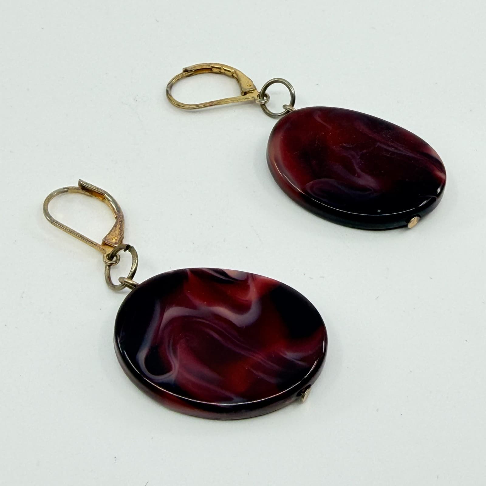 VTG Swirl Resin Drop Earrings Burgundy Red Oval Statement Dangle Chic Festival - Thumbnail 5