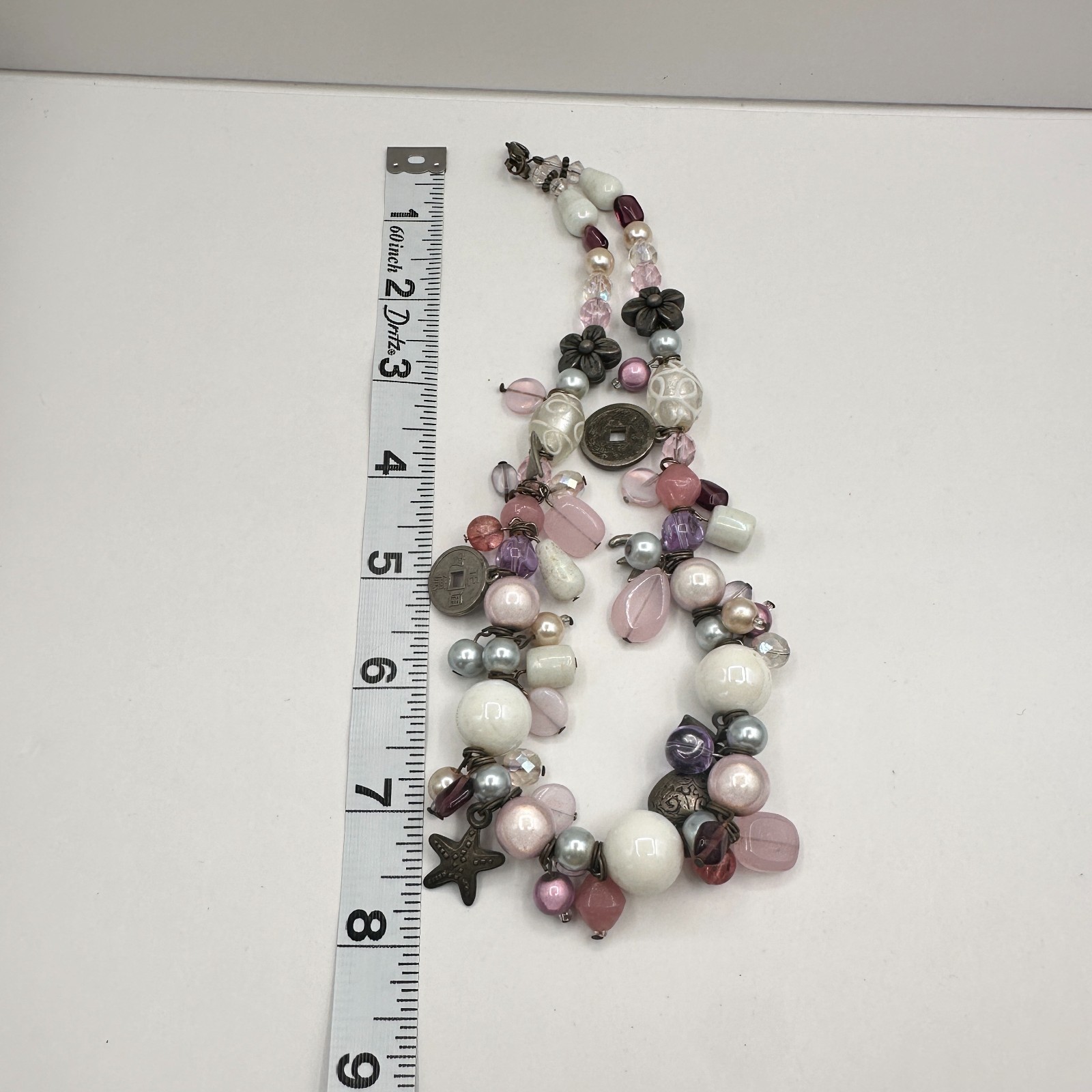 Vintage 90s Pink White Beaded Charm Necklace Drama Masks Starfish Silver Tone - Thumbnail 9