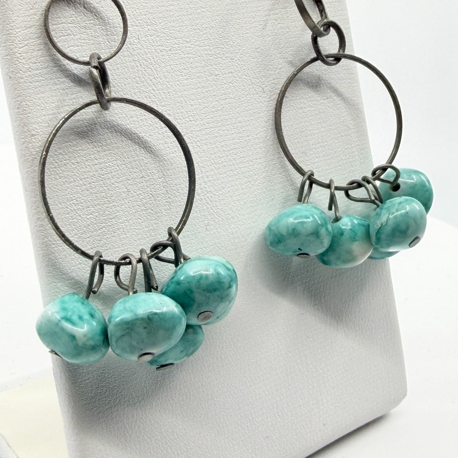 VTG Turquoise Style Beaded Hoop Dangle Earrings Gothic Statement Festival Gift - Thumbnail 3