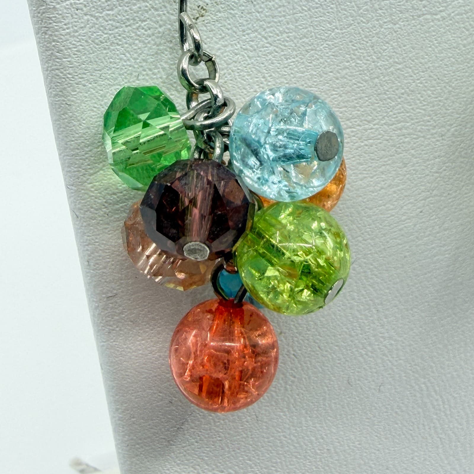 VTG Y2K Multi Color Crystal Crackle Glass Bead Cluster Dangle Earrings Boho Gift - Thumbnail 4