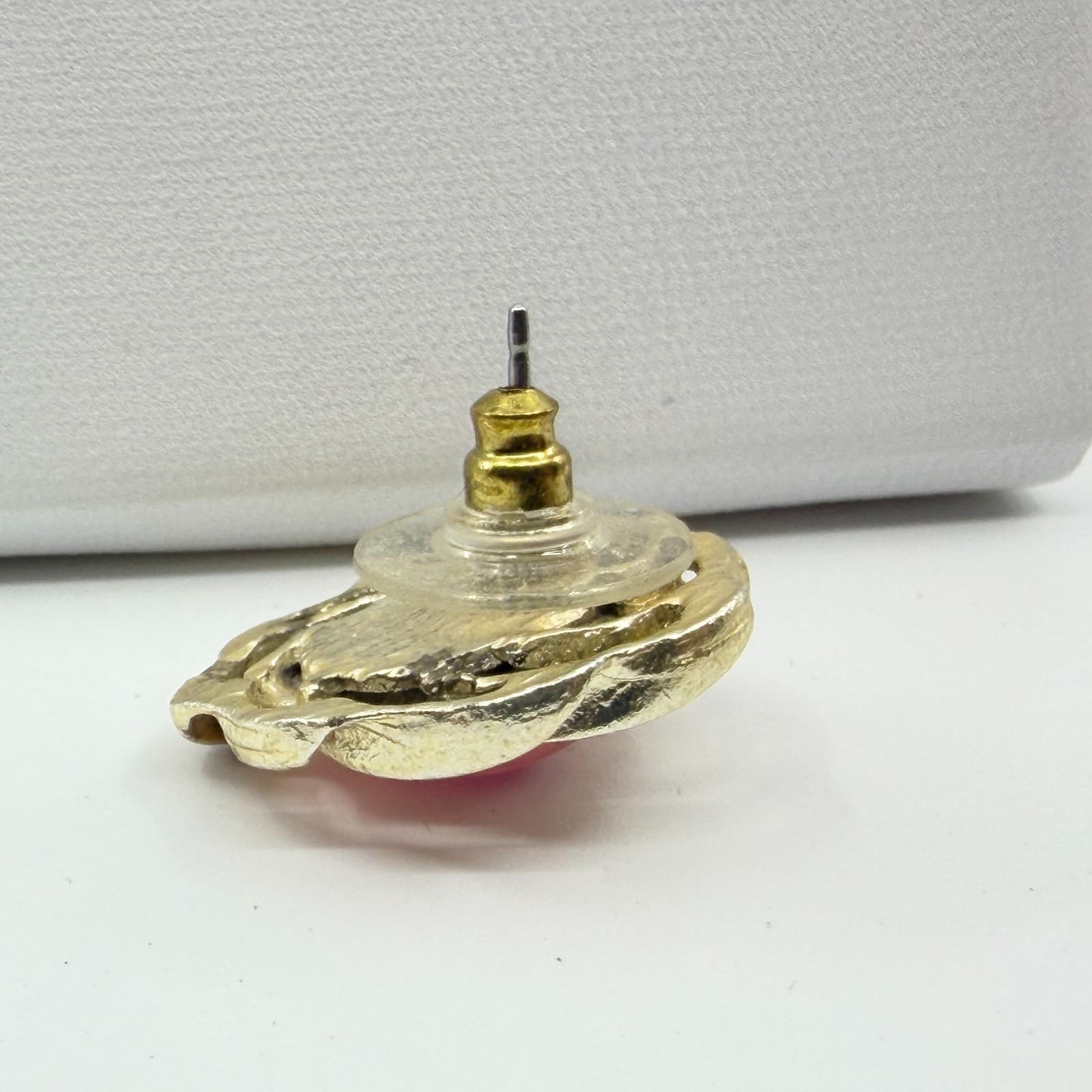 VTG Radiant Pink Cabochon Swirl Stud Earrings Gold Tone Statement Jewelry Gift - Thumbnail 8