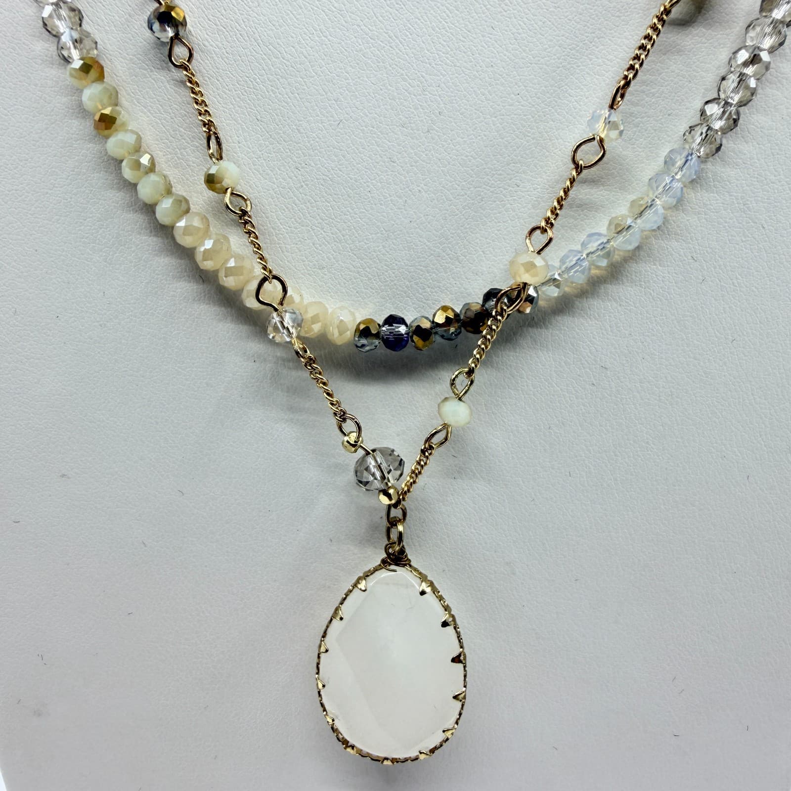 VTG Boho Layered Crystal Bead Necklace Statement Teardrop Pendant Festival Gift - Thumbnail 2