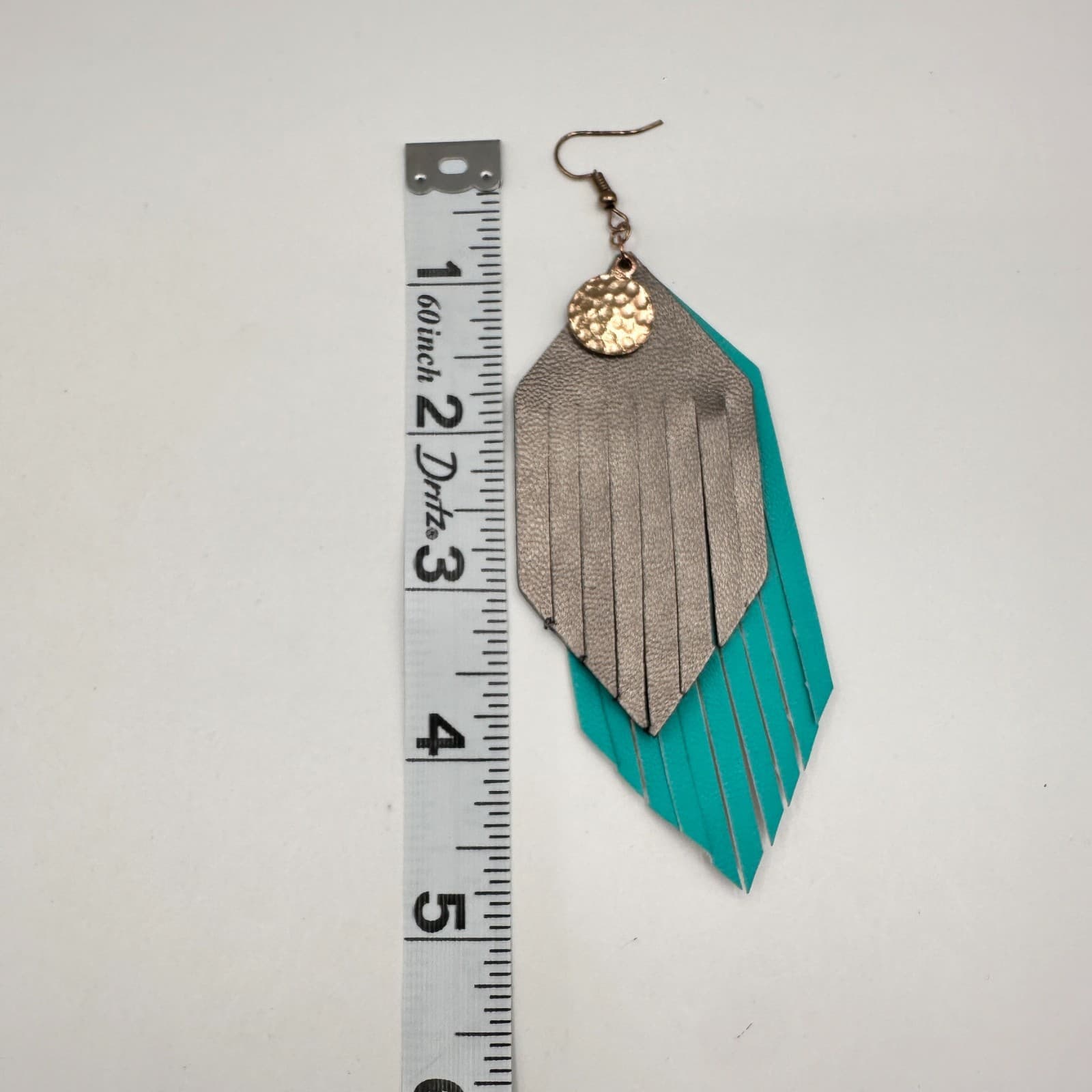 Vintage 90s Faux Leather Fringe Earrings Teal Pewter Gold Tone Hammered Jewelry - Thumbnail 7