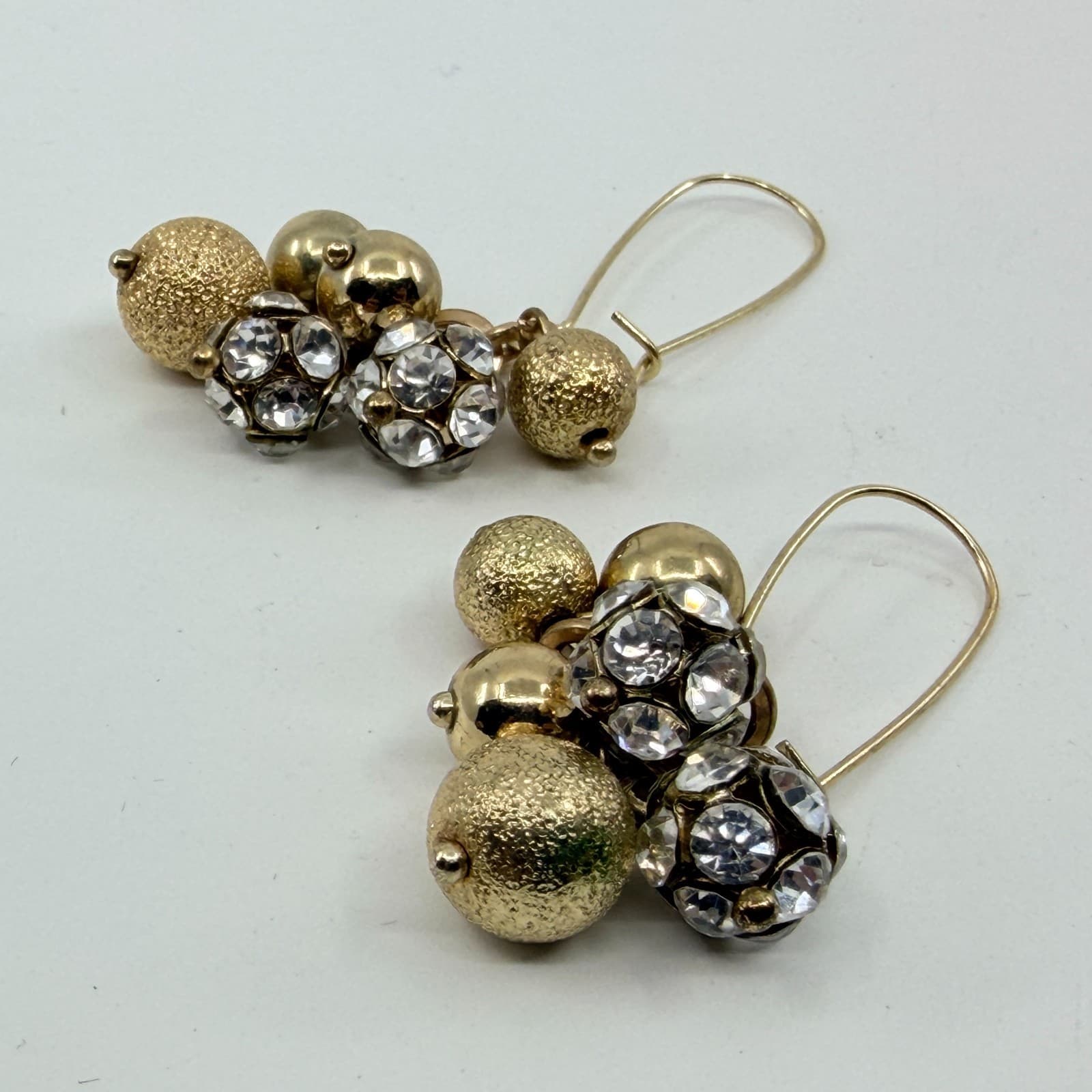 VTG Gold Tone Cluster Dangle Earrings Textured Bead Rhinestone Shimmer Statement - Thumbnail 6