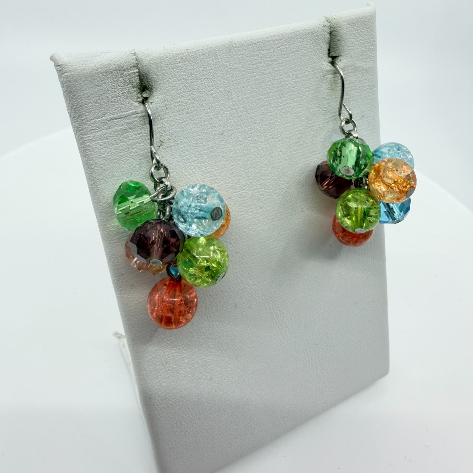 VTG Y2K Multi Color Crystal Crackle Glass Bead Cluster Dangle Earrings Boho Gift - Thumbnail 3
