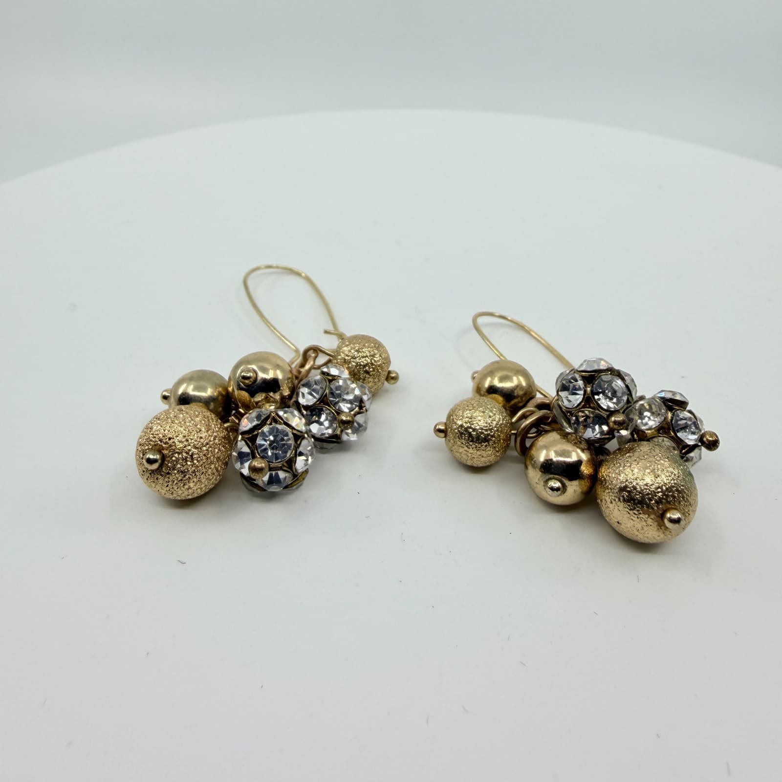 VTG Gold Tone Cluster Dangle Earrings Textured Bead Rhinestone Shimmer Statement - Thumbnail 3