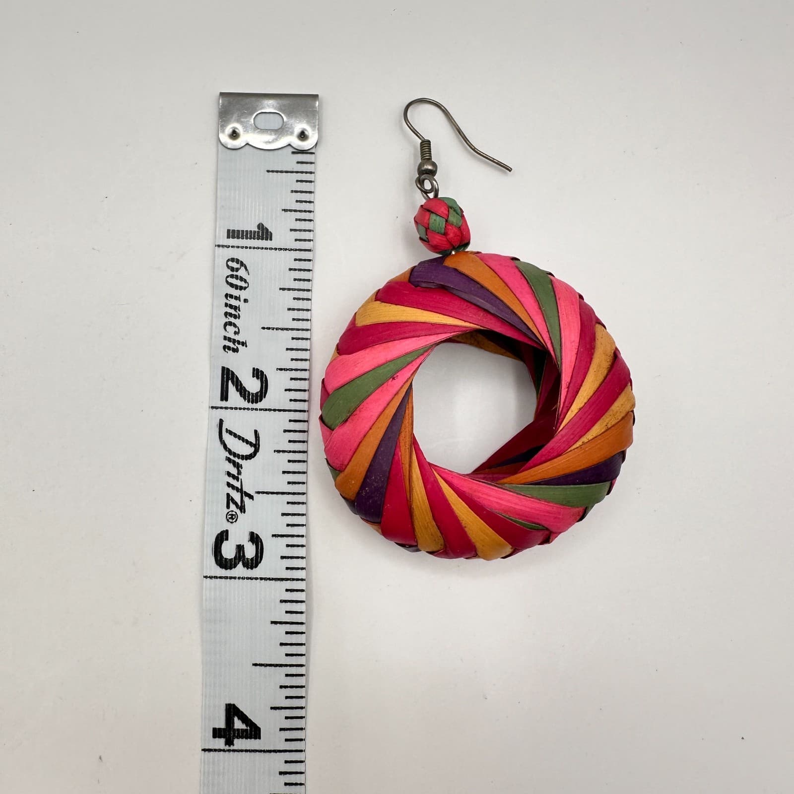 Vintage 90s Woven Straw Hoop Earrings Multi Color Boho Tropical Women's Jewelry - Thumbnail 8