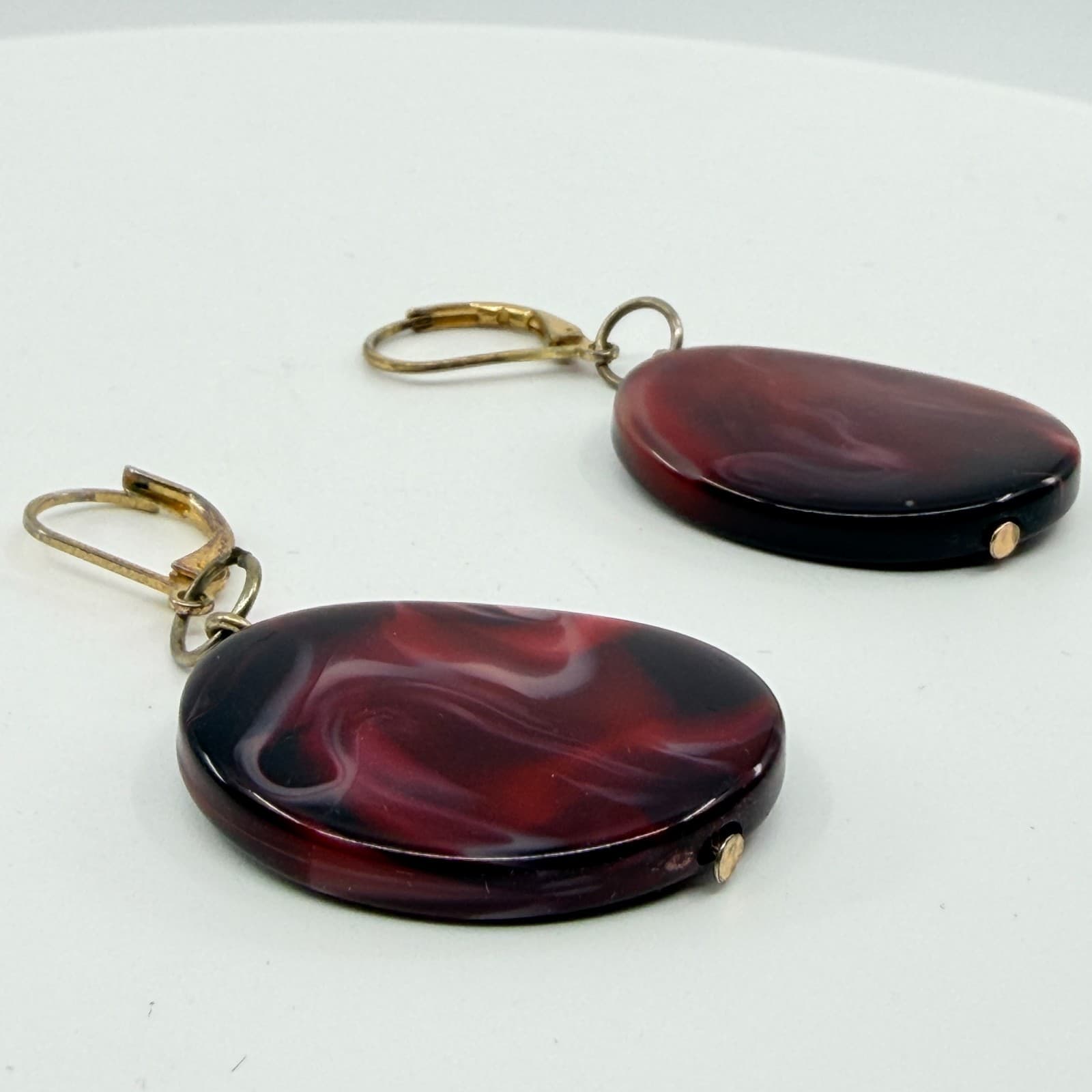 VTG Swirl Resin Drop Earrings Burgundy Red Oval Statement Dangle Chic Festival - Thumbnail 4