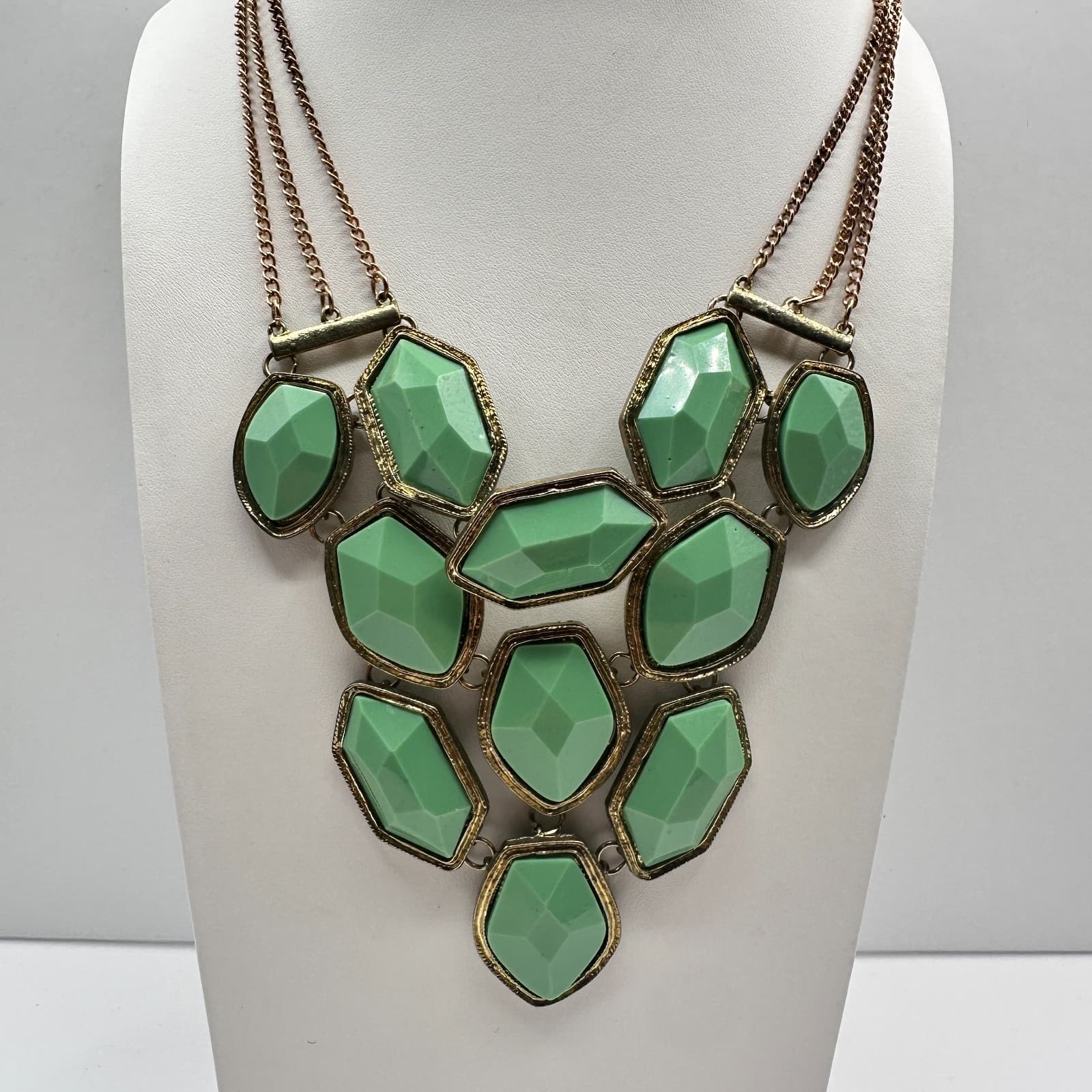 Vintage Y2K Statement Necklace Green Faux Stone Bib Gold Tone Multi Chain - Thumbnail 2