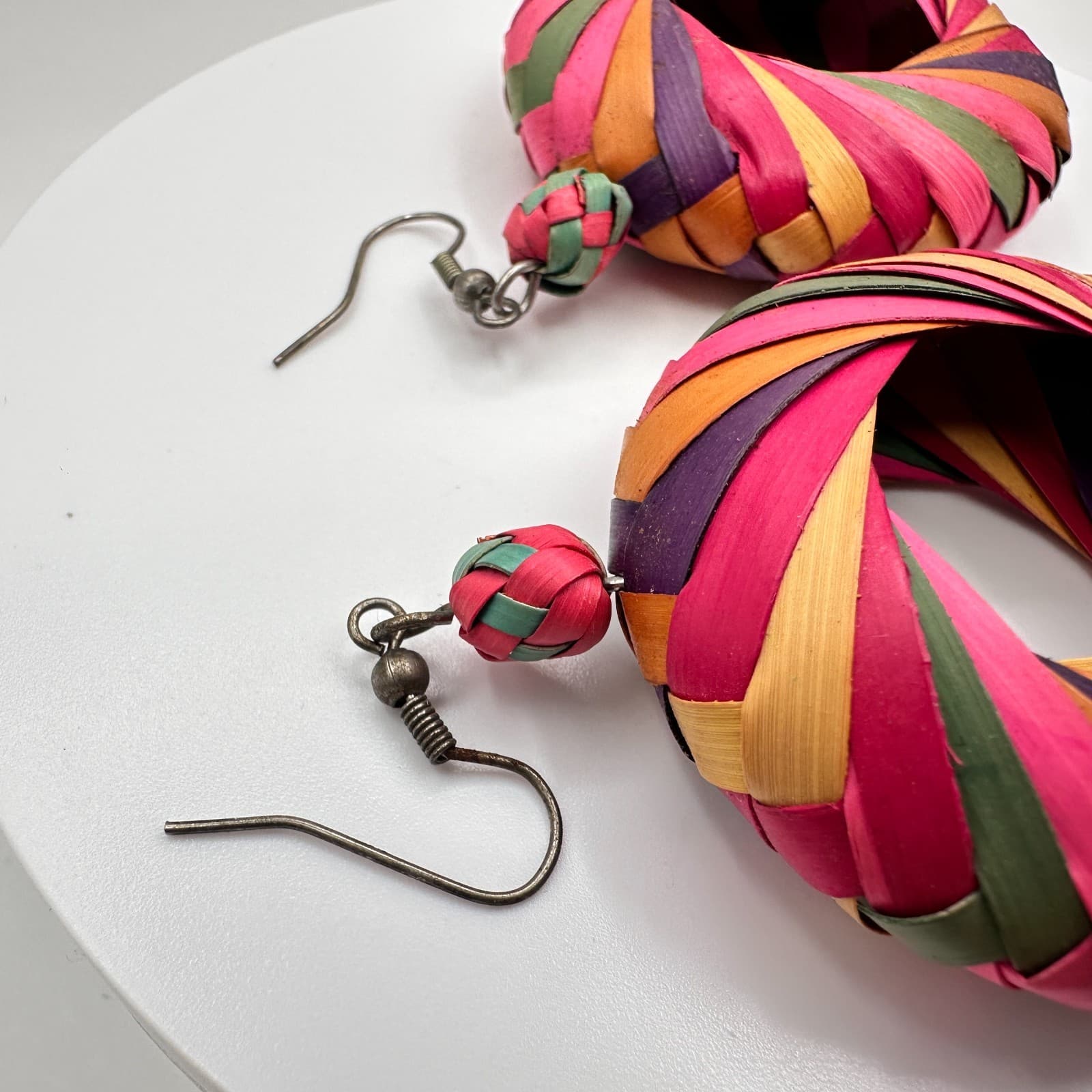 Vintage 90s Woven Straw Hoop Earrings Multi Color Boho Tropical Women's Jewelry - Thumbnail 7
