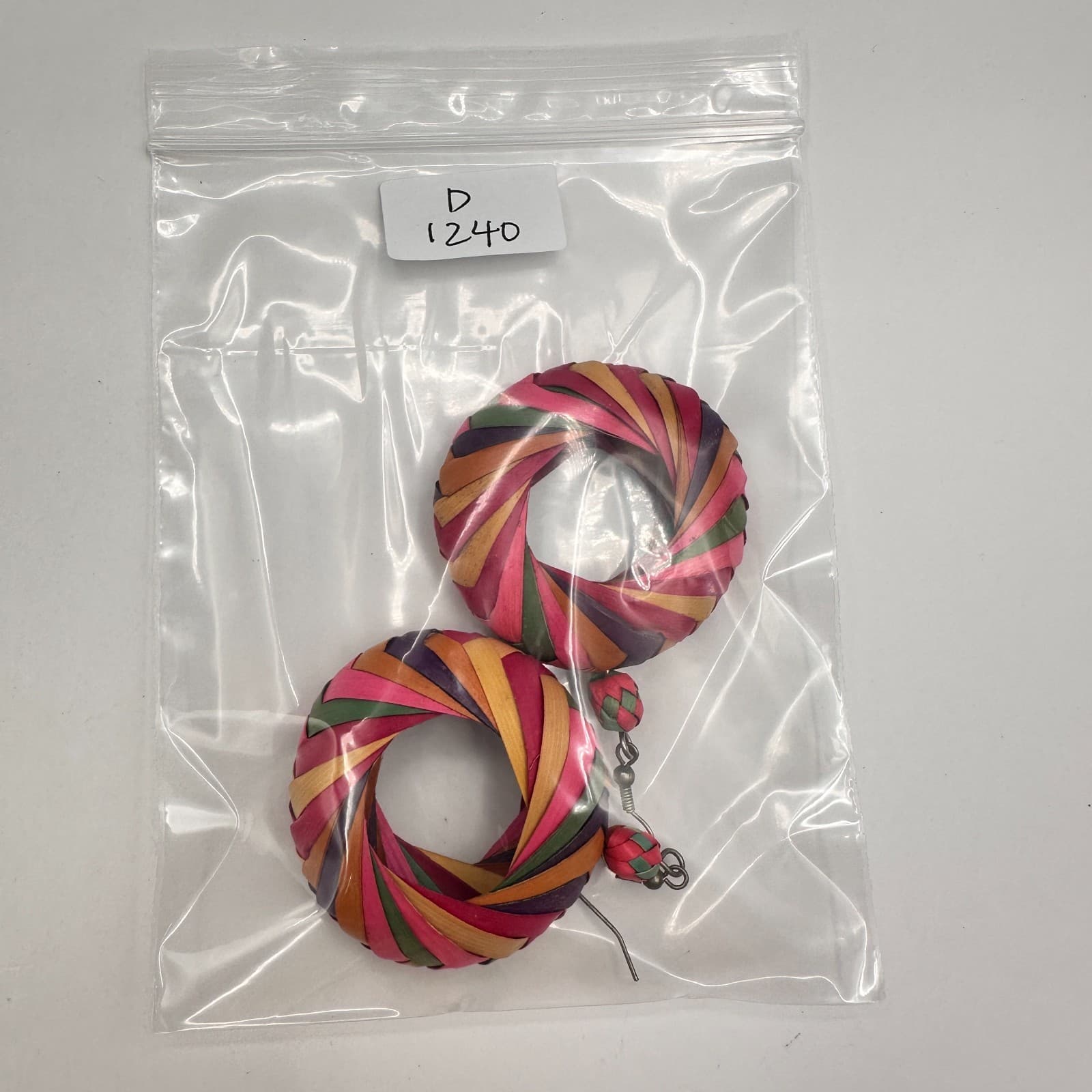 Vintage 90s Woven Straw Hoop Earrings Multi Color Boho Tropical Women's Jewelry - Thumbnail 9