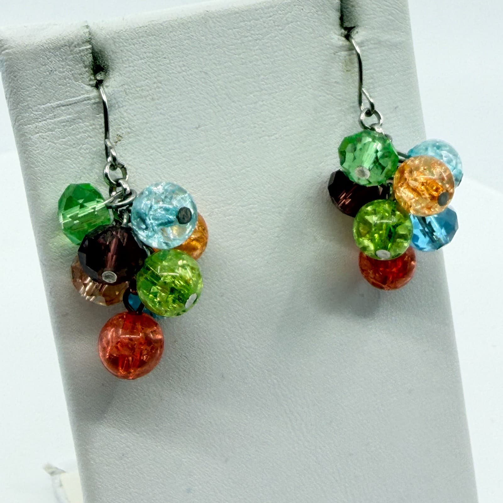 VTG Y2K Multi Color Crystal Crackle Glass Bead Cluster Dangle Earrings Boho Gift - Thumbnail 5