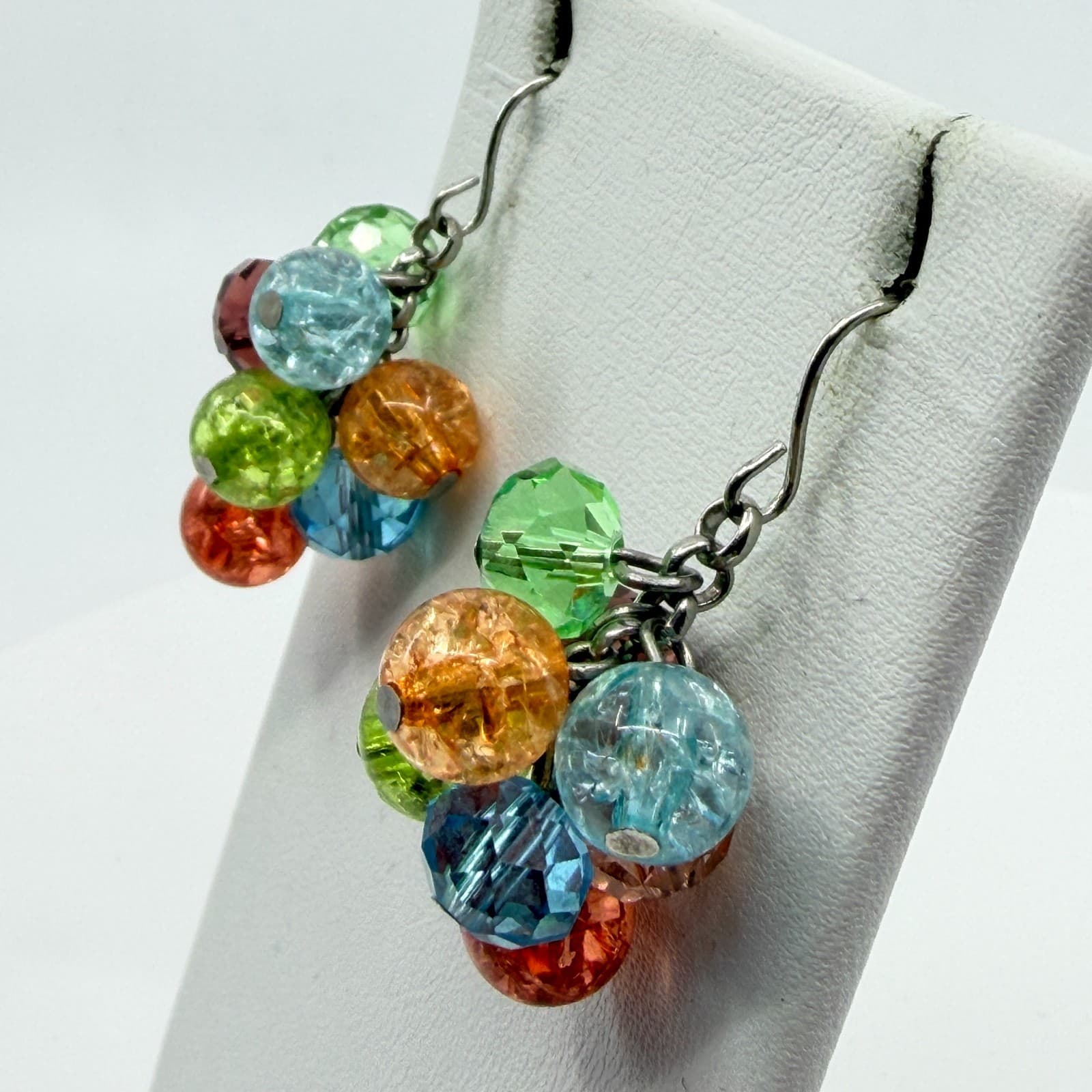 VTG Y2K Multi Color Crystal Crackle Glass Bead Cluster Dangle Earrings Boho Gift - Thumbnail 6