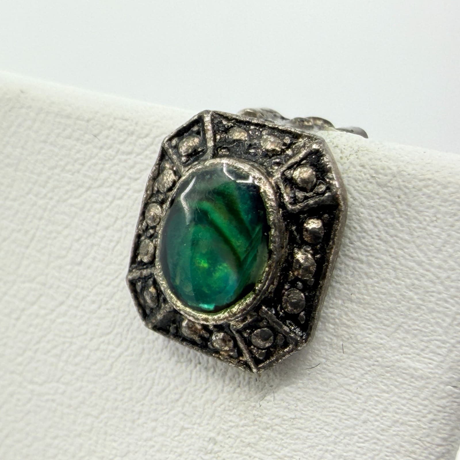 Vintage Style Green Abalone Shell Clip On Stud Earrings Gothic Ornate Statement - Thumbnail 4