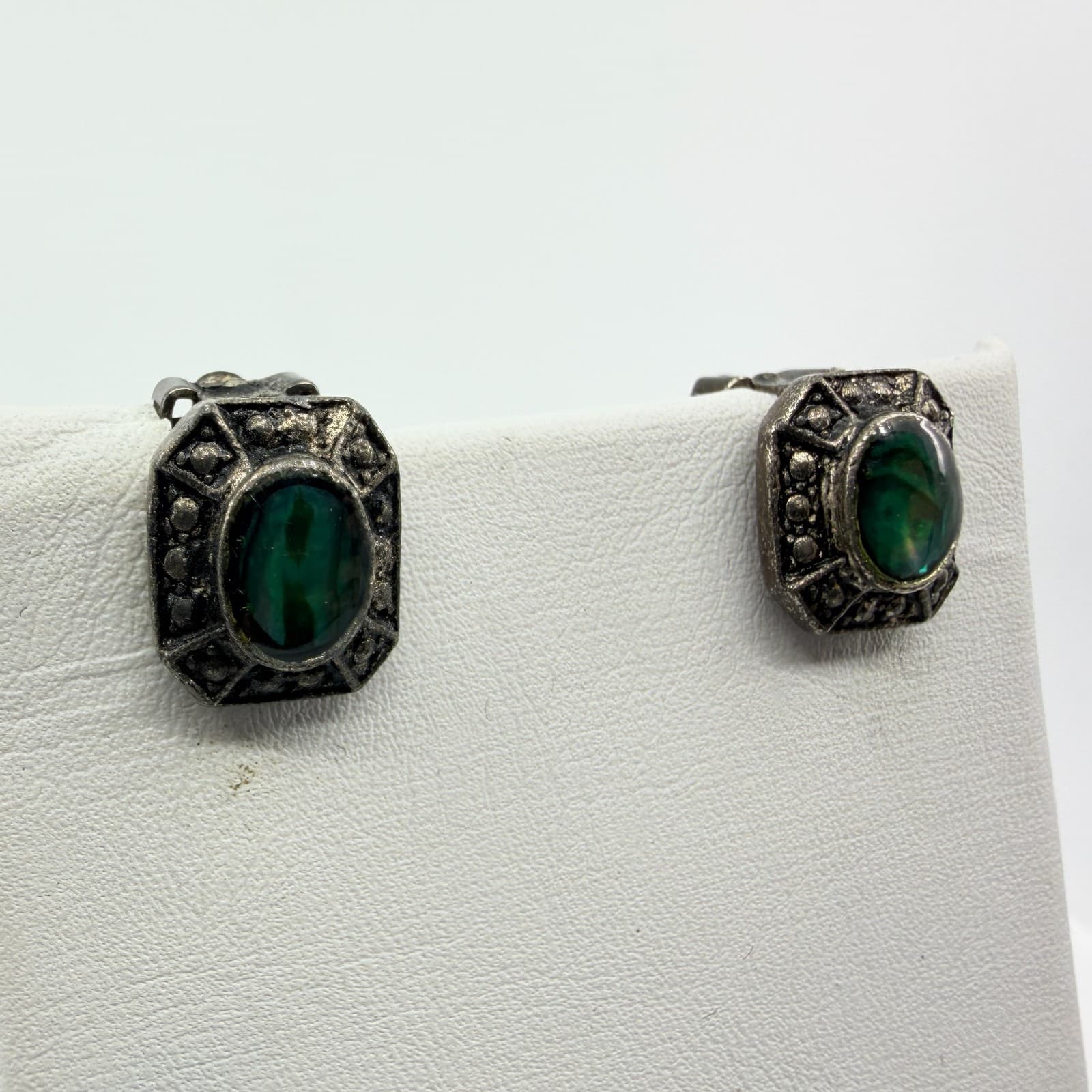 Vintage Style Green Abalone Shell Clip On Stud Earrings Gothic Ornate Statement - Thumbnail 2