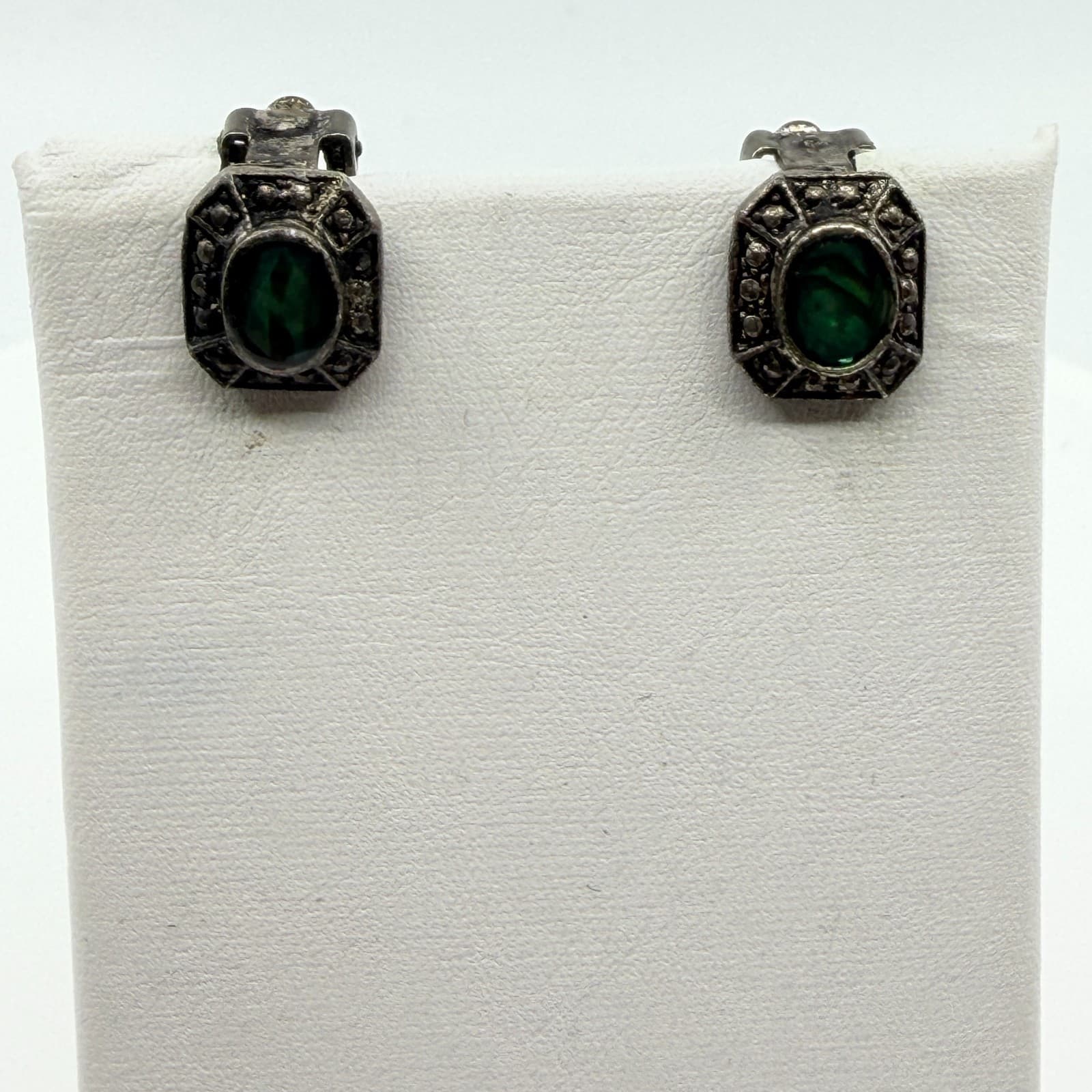 Vintage Style Green Abalone Shell Clip On Stud Earrings Gothic Ornate Statement - Thumbnail 5