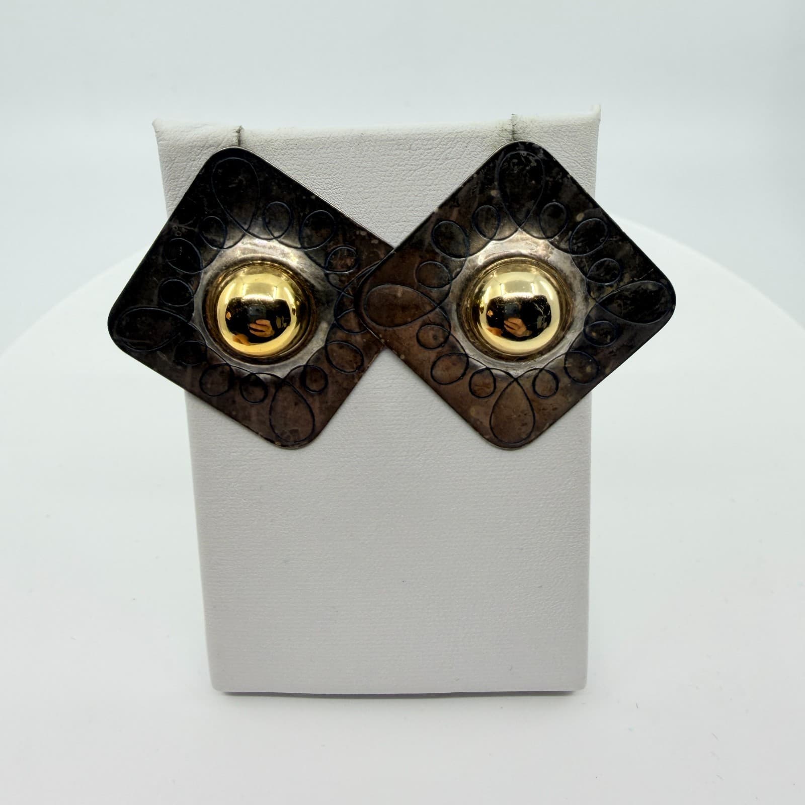 Vintage Bold Two Tone Geometric Stud Earring Silver & Gold Tone Square Statement - Thumbnail 8