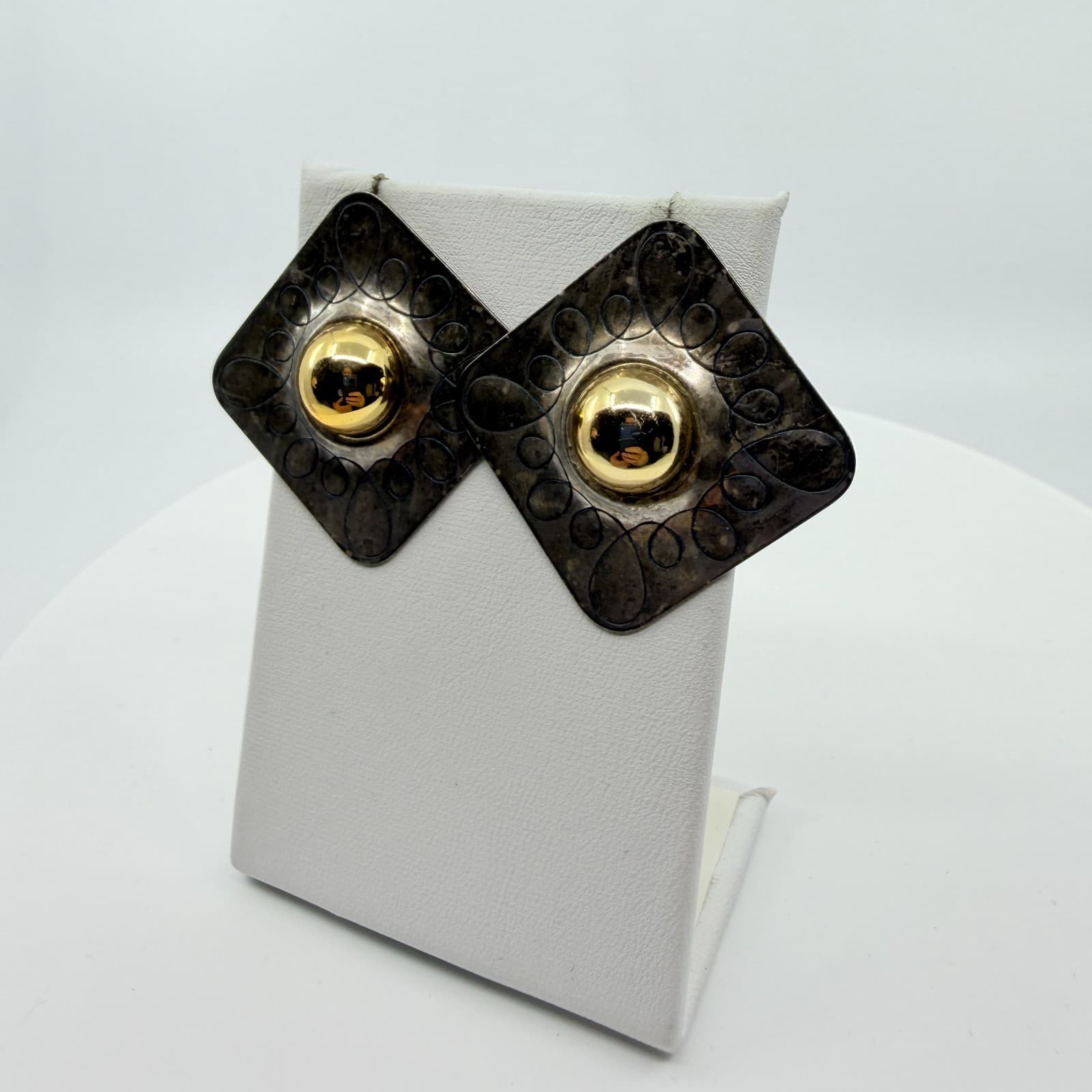 Vintage Bold Two Tone Geometric Stud Earring Silver & Gold Tone Square Statement - Thumbnail 6