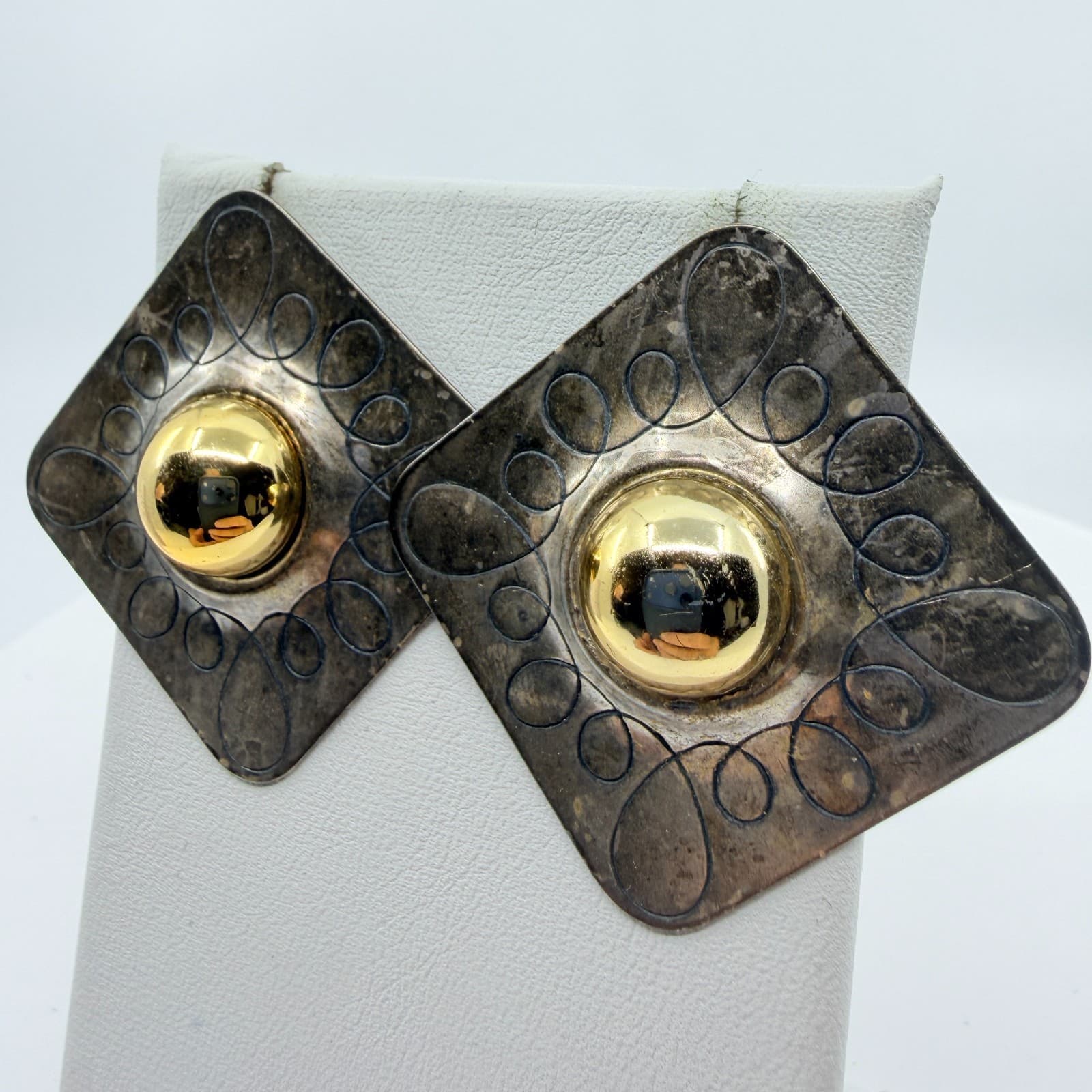 Vintage Bold Two Tone Geometric Stud Earring Silver & Gold Tone Square Statement - Thumbnail 5
