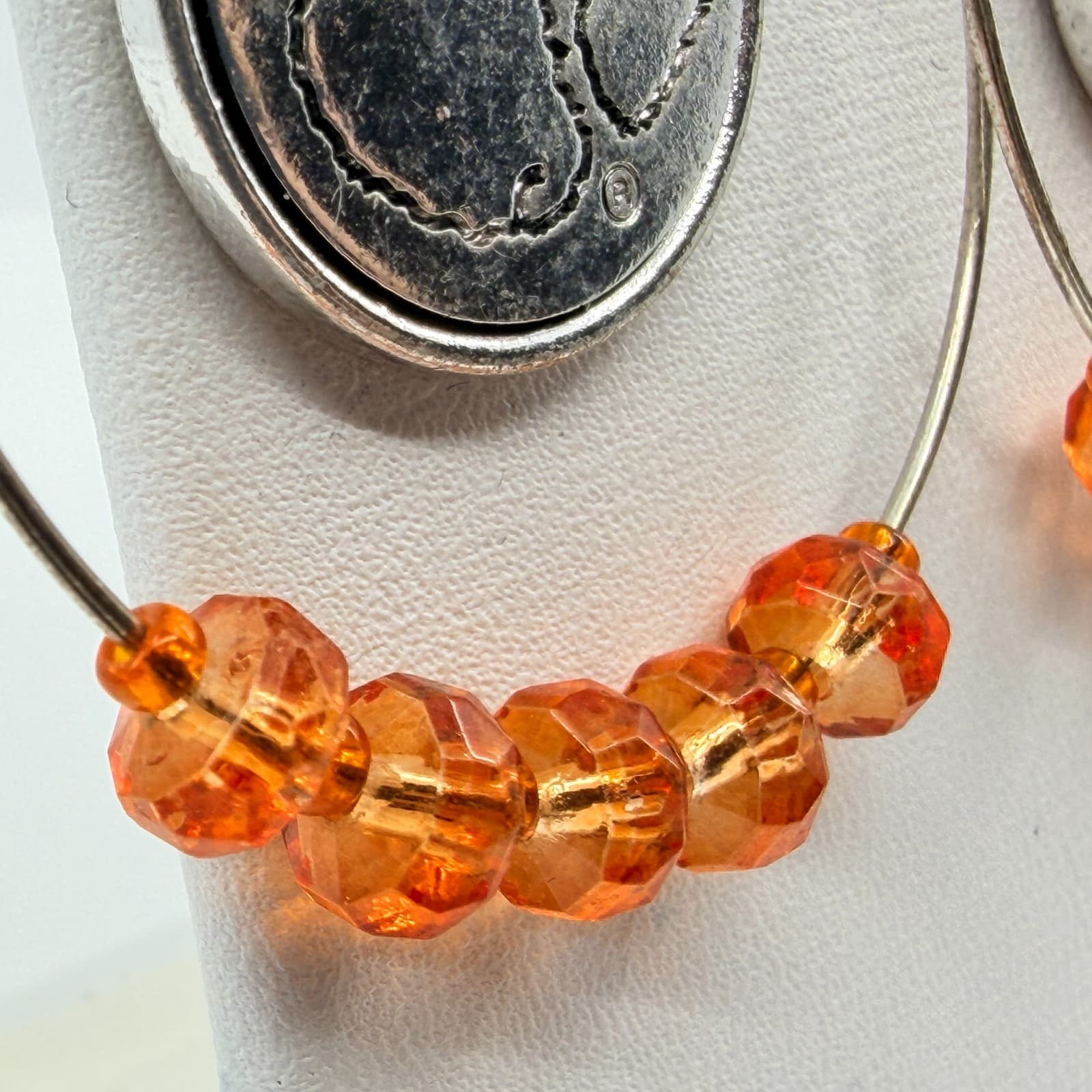 Silver Tone Orange Beaded Paw Print Hoop Earrings Statement Team Spirit Gift - Thumbnail 5