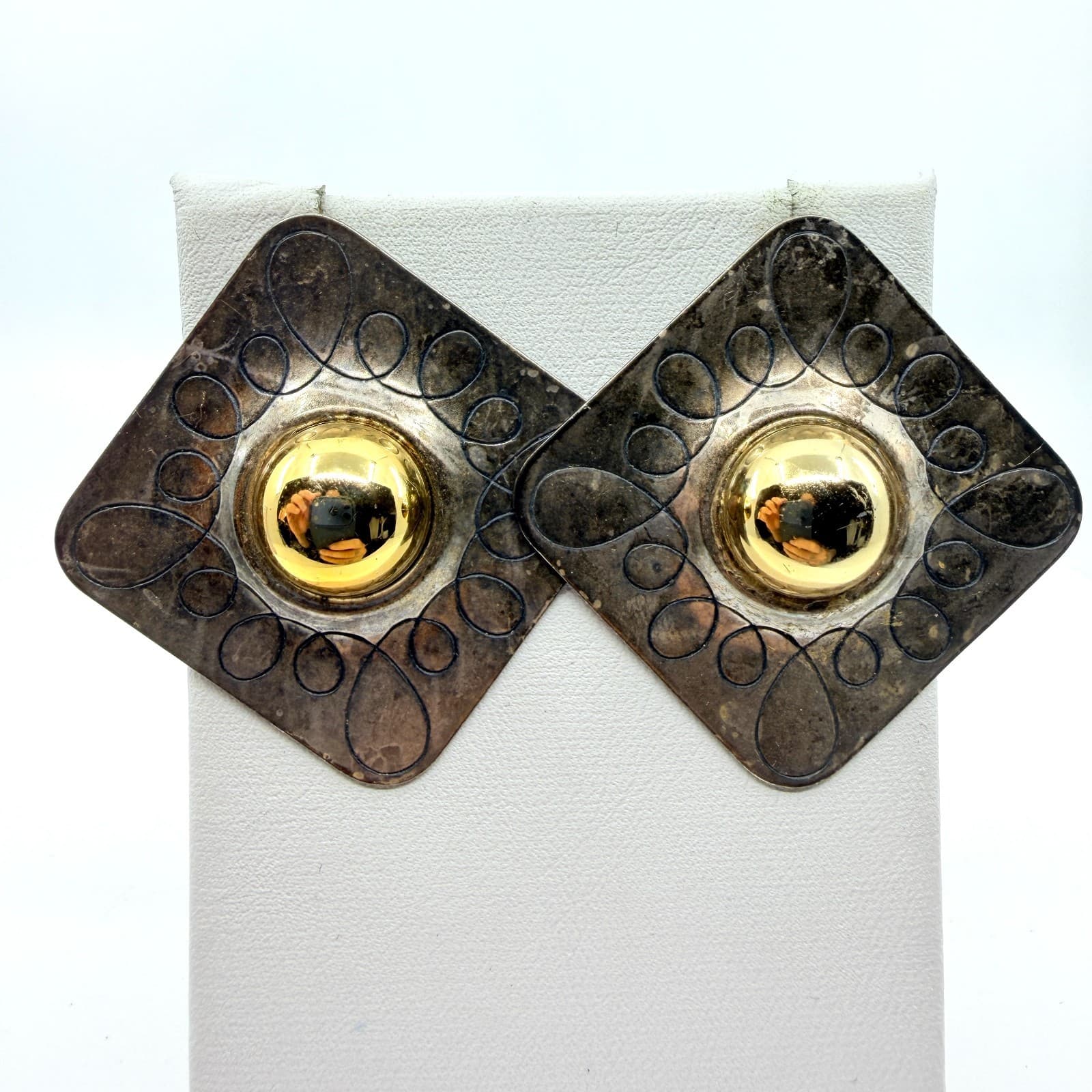 Vintage Bold Two Tone Geometric Stud Earring Silver & Gold Tone Square Statement - Thumbnail 2