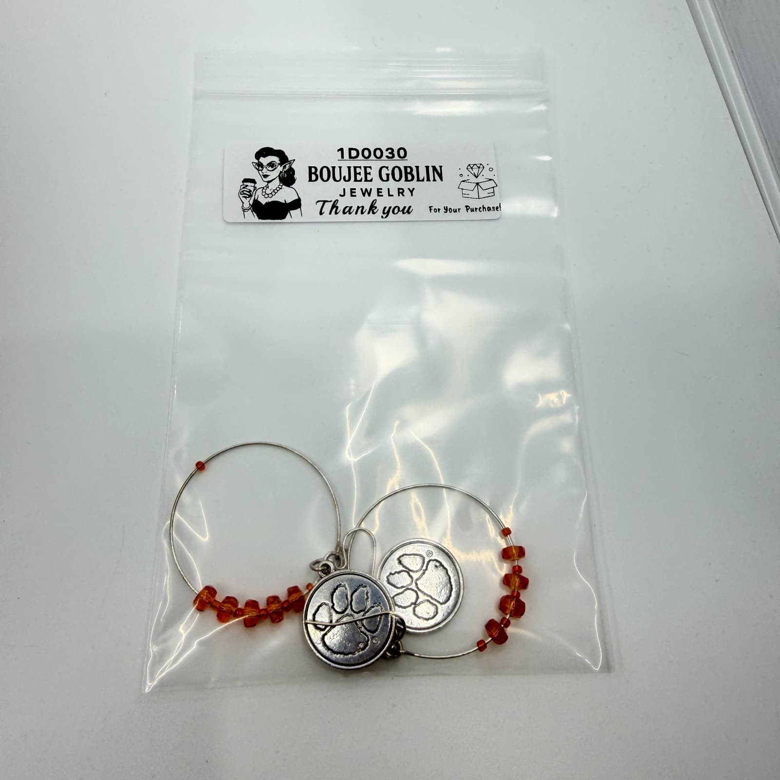 Silver Tone Orange Beaded Paw Print Hoop Earrings Statement Team Spirit Gift - Thumbnail 9